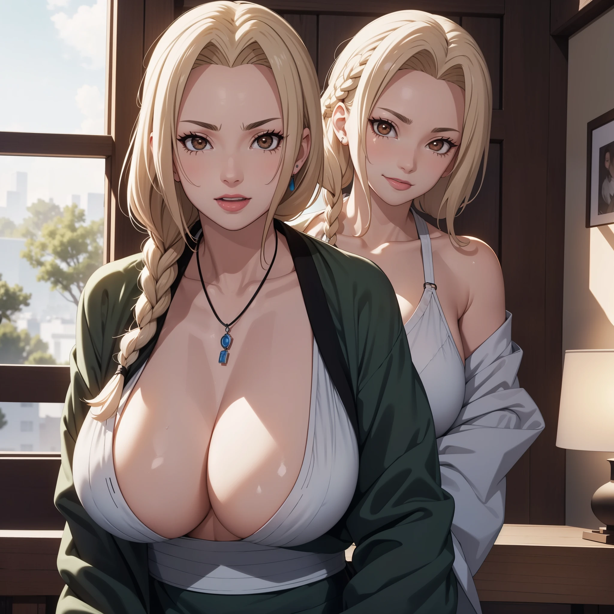 ((OFFICE SEXY TRAJE))(enormes tetas), escote, buena anatomia Film movie still, tsunade 、Se destaca、30 years、piel palida、sonrisas inocentes、(A detailed Face)、(piel detallada)、wet, Los detalles son complejos、Shallow depth oF Field、[volume Fog]、movie lighting、ReFlectors、una Canon EOS R5、lente de 50 mm、F / 2.8、shot at 8k resolution、de cerca, inside the room, escritorios, verdor, ((huge tits)), tongue out, tongue out, tongue out, makeup, light smile, wince, hair flower, maid headdress, jewelry, blunt bangs, braided ponytail, parted bangs, twin braids, very long hair, embarrassed, UHD, retina, super detail
