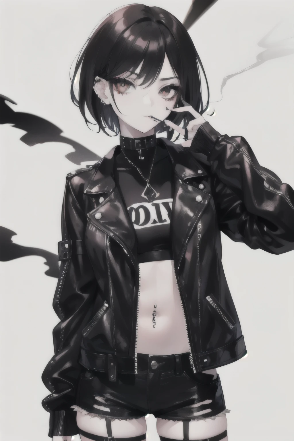 A teen girl with Gothic makeup rockstar with a cigarette in her mouth, a leather jacket, Black eyeshadow, short hair, Black jeans, Brown eyes, with piercing 