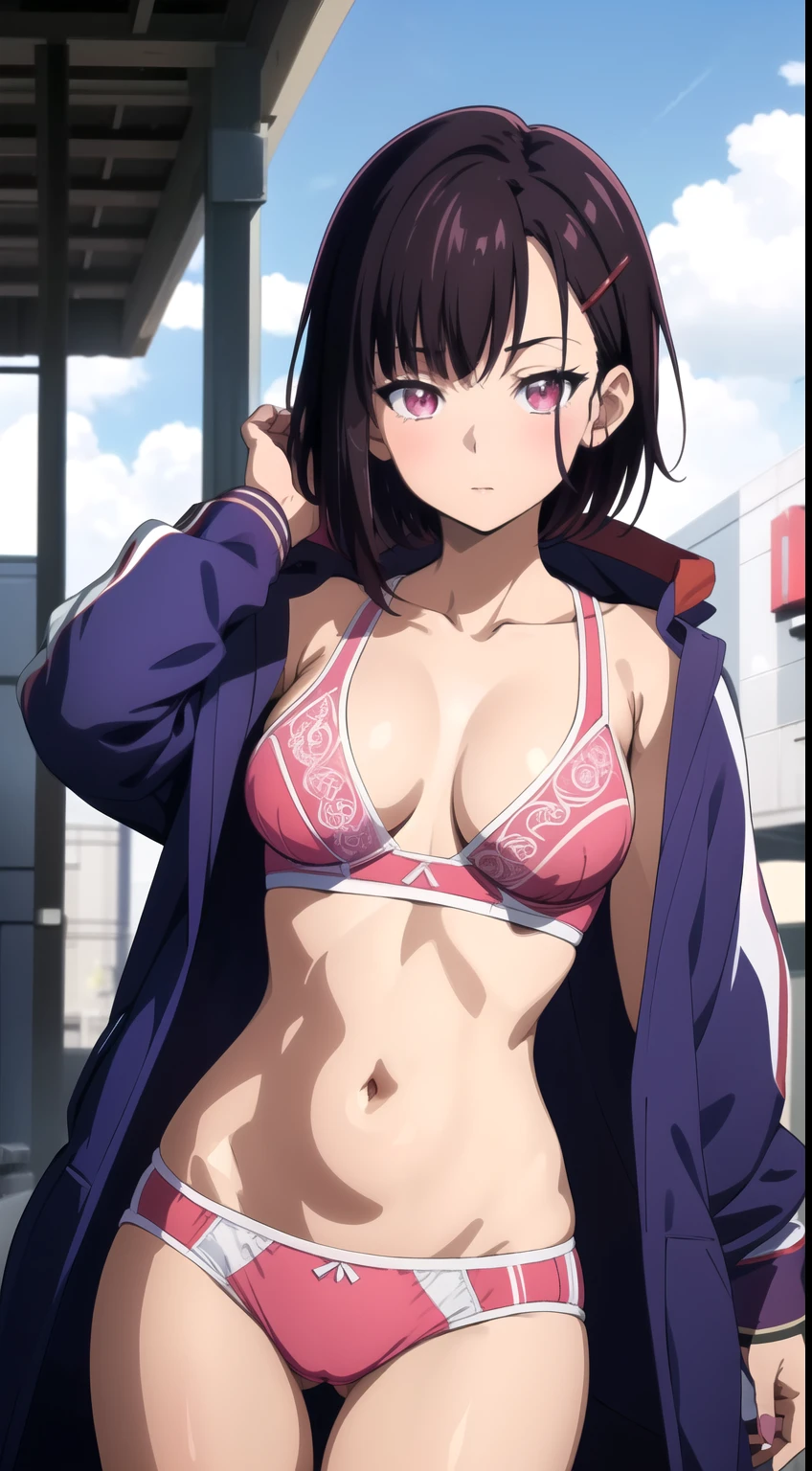 (masterpiece, best quality), intricate details, shizukazom100, 1girl, short hair, dark purple hair, bangs, hair ornament, hairclip, pink eyes, white pupils, medium breasts, collarbone, blue jacket, sexy underwear, navel, midriff, dynamic pose,white underwear