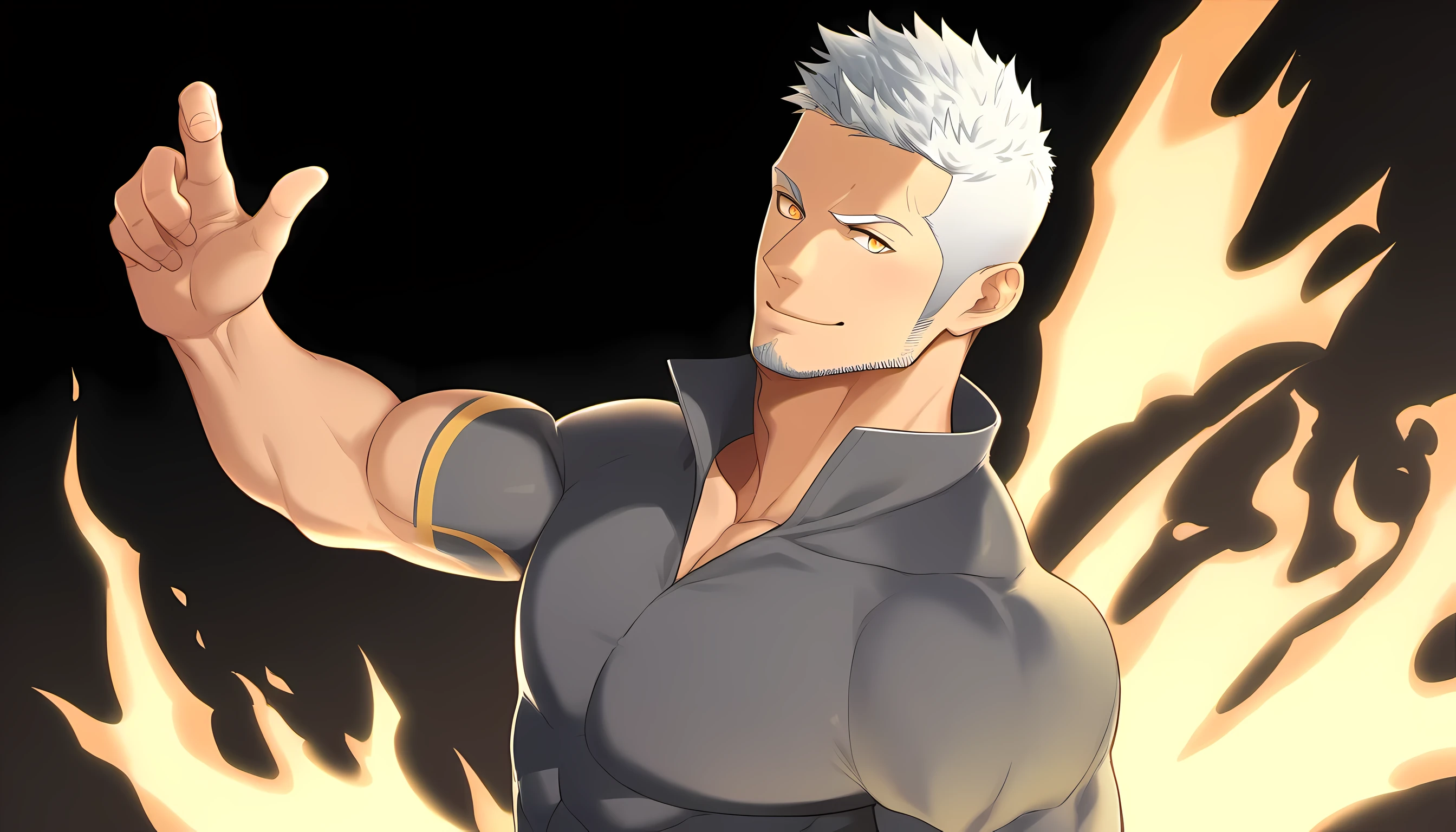 1boy, male focus, white hair, white eyelashes, green eyes,muscle, vestindo uma regata preta, calça branca, hair in the wind, satisfied expression, powerful posing