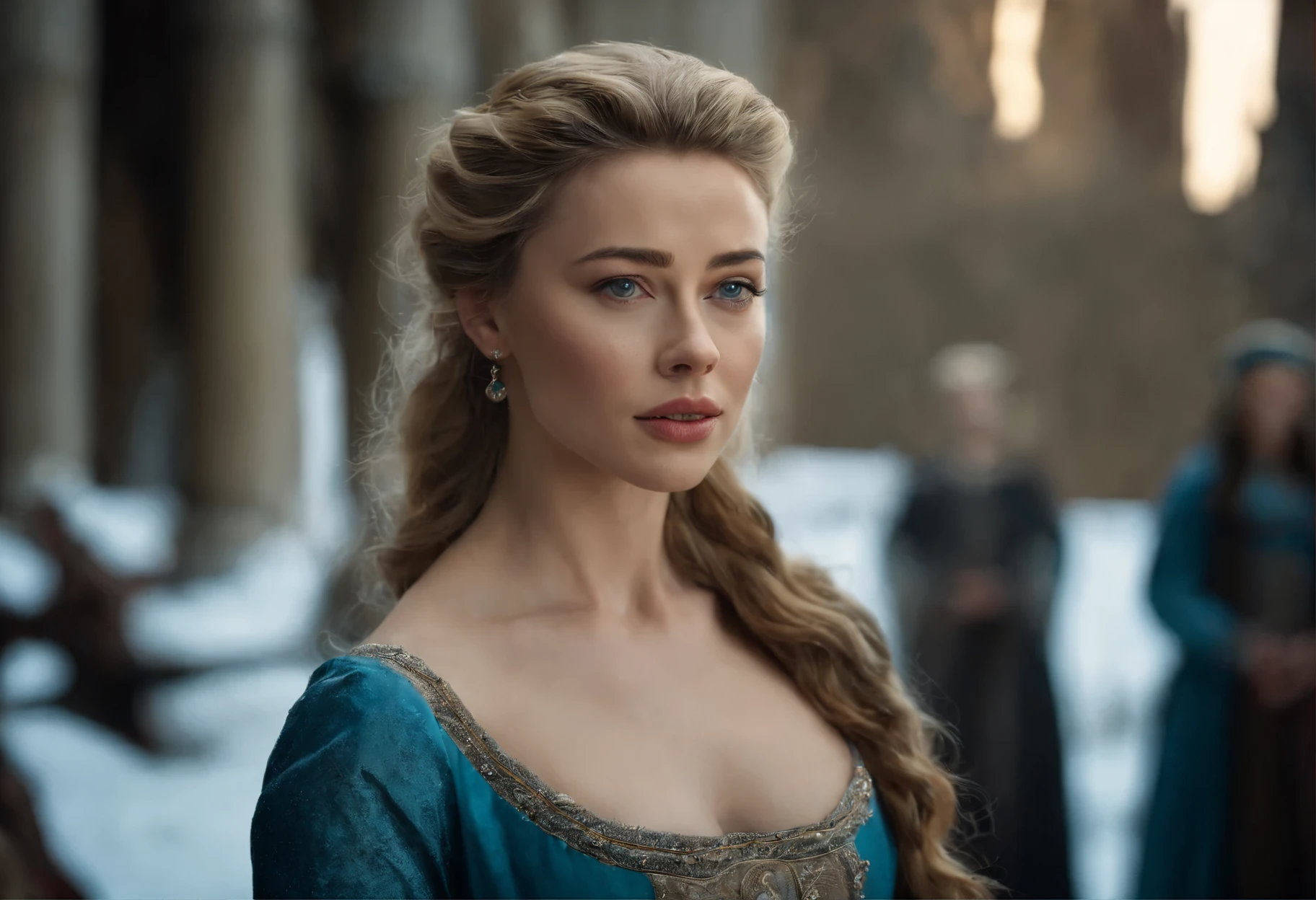 played by Amber Heard, film portrait, ((upper body)), in front of the audience, (reality :1.3), The most beautiful art photo in the world, looking at the camera, European medieval court dress, turquoise gray dress, gorgeous, soft chiffon, beautiful detailed face, Action shooting, (intricate :1.4), Medieval snowy castle background, snow-covered landscape, realistic photo, CG, art station. (Masterpiece, Best quality, high resolution:1.4), 1 girl, skin pores texture, Blonde hair, hd , Photography, Movie, cinematographic, realistic, (8K, raw photo, Best quality, Masterpiece:1.2), (realistic, photo-realistic:1.33). (freckles:0. 5) , outside, chapped lips, soft natural lighting, Magic photography, dramatic lighting, Photographic realism, ultra detailed, intimate full body shot composition, Leica 50mm