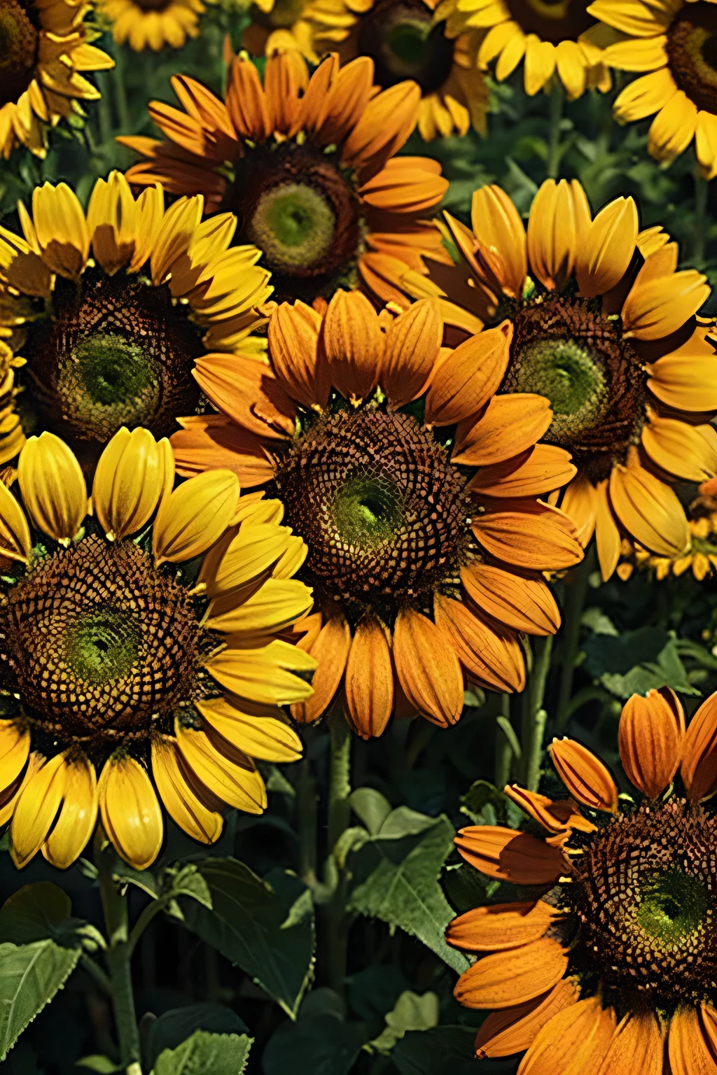 Dame una imagen de girasoles con colores calidos sin personas, y que los girasoles esten en los bordes y en el centro un fondo de color calido, "Sin personas