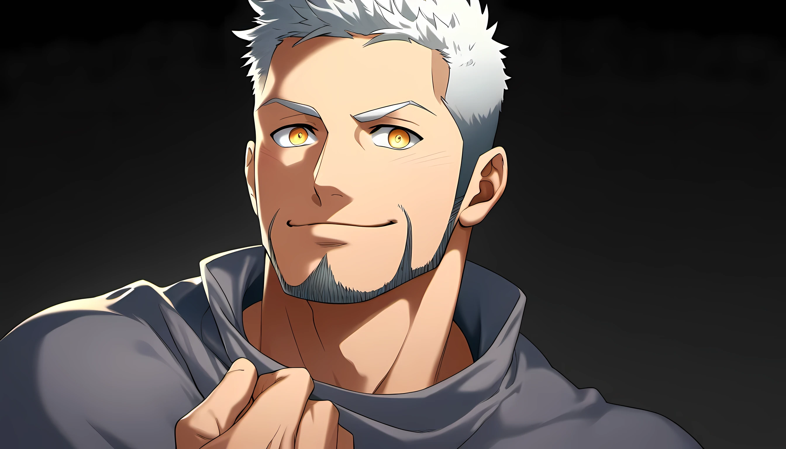 anime characters：Guy, Priapus, 1 young muscular man, male focus, Dark gray spandex tight T-shirt, white hair, muscular male, muscular, only, Upper body, alone, white short hair, stubble, yellow eyes, black background, simple background, amazing quality, best aesthetics, Ridiculous, bright pupils, short hair, naughty face, torogao, open lips, verbal invitation, traces of saliva, moan, blush, Slobber, best quality