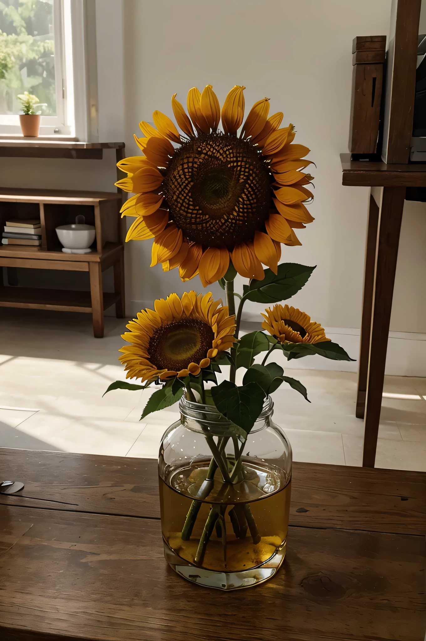 sunflower, It's messy, one stalk, a flower, floating, lots of pollen, Editorial photo, wide angle, soft focus, movie lighting, Explore the interplay between light and shadow, Low-contrast film, 4k