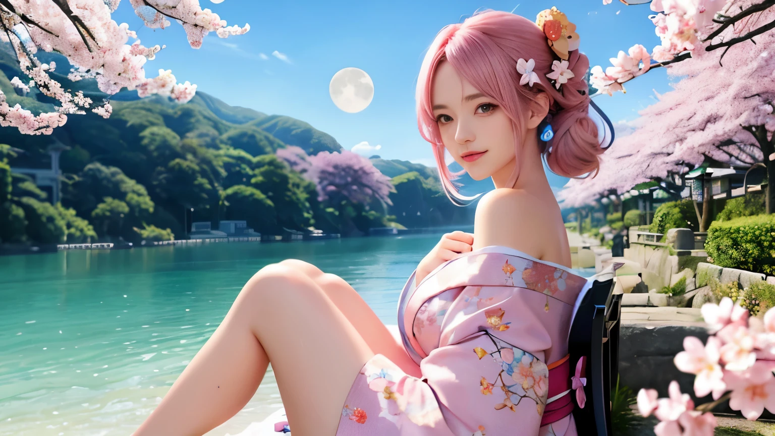 anime, one girl, colorful hair,pink hair and blue hair、 Hair is tangled, pink eyes, Kyoto, cherry blossoms、petal、moon, pink patterned kimono, off shoulder, sitting, alone,cleavage、smile、close up of face