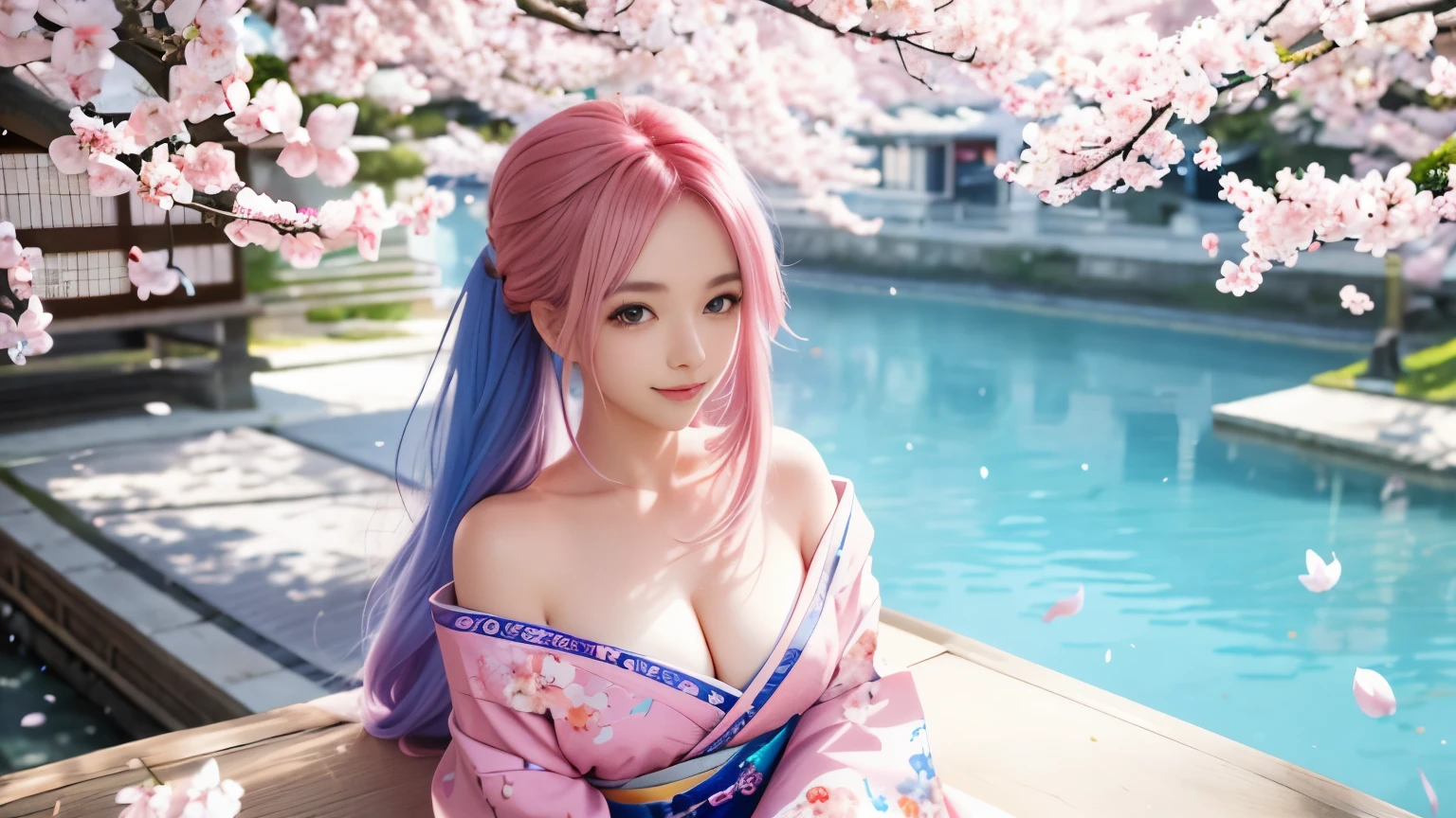 anime, one girl, colorful hair,pink hair and blue hair、 Hair is tangled, pink eyes, Kyoto, cherry blossoms、petal、moon, pink patterned kimono, off shoulder, sitting, alone,cleavage、smile、close up of face