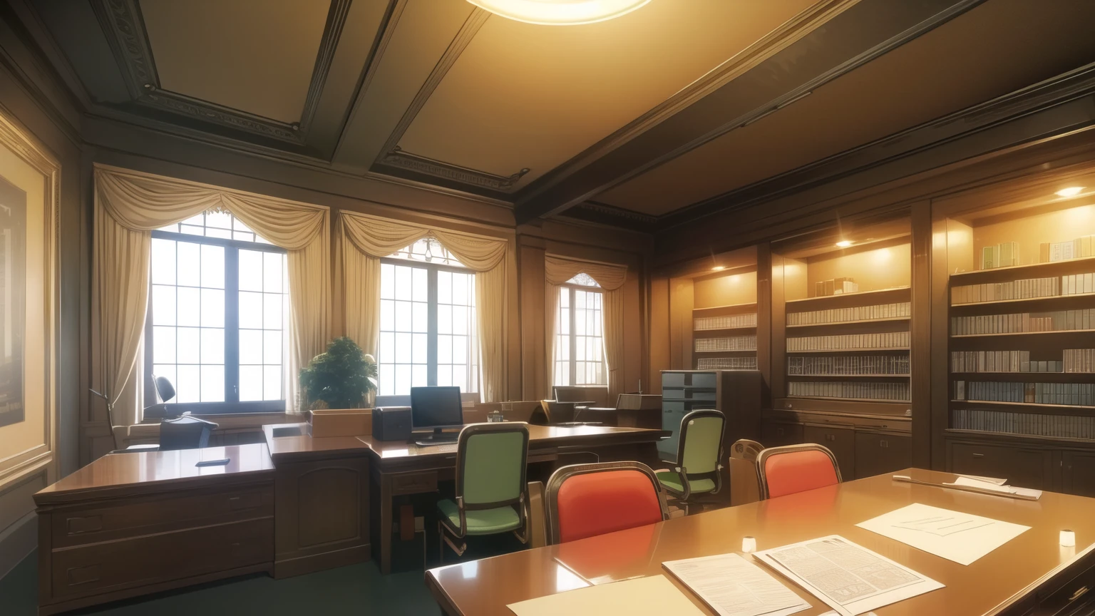(masterpiece), (best quality), (ultra-detailed), (best illustration), (best shadow), retro office with lots of paperwork, lots of decorations, very detailed, retro European office