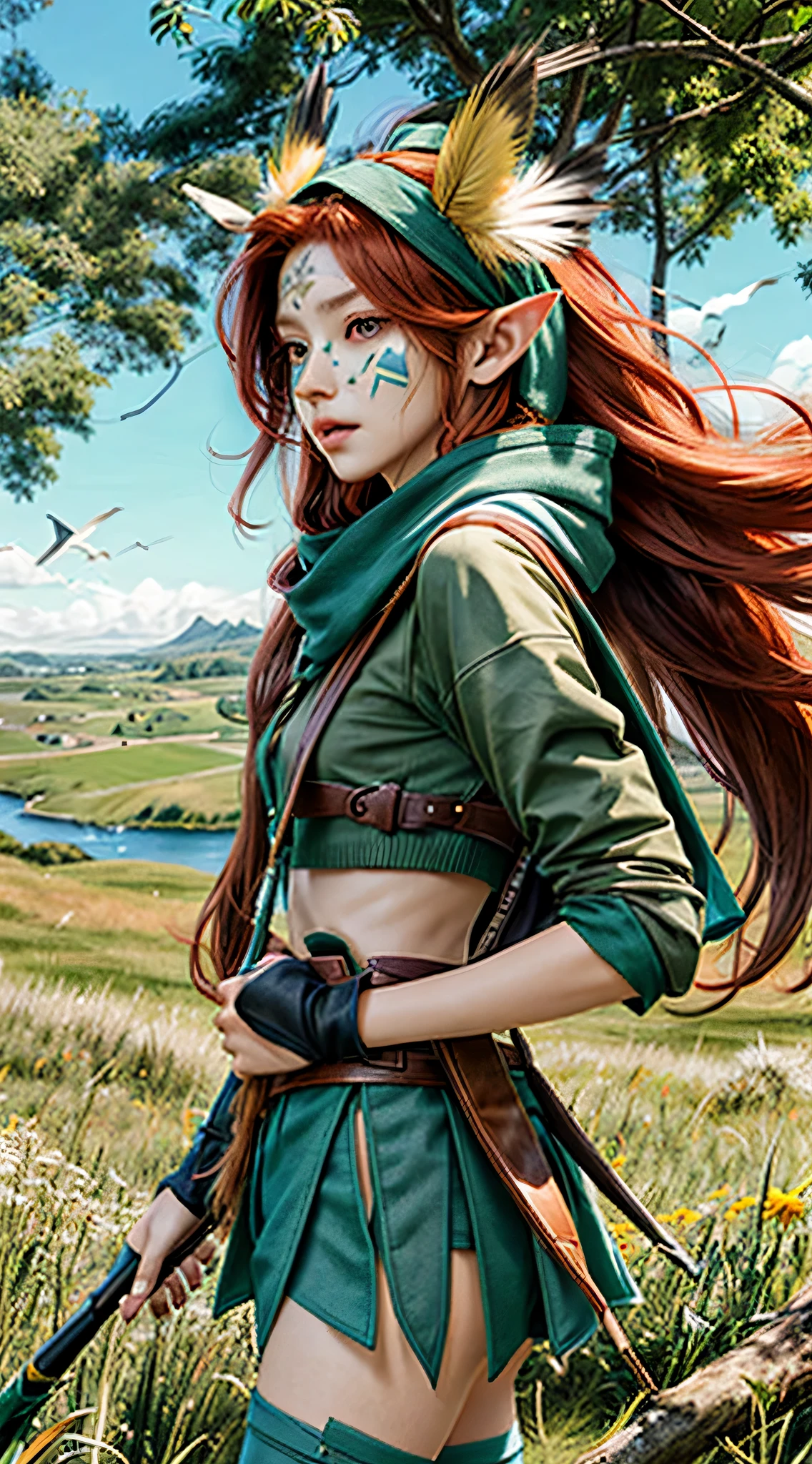 cosplay,grass, sky, field, League of Legends, 1 woman, elf, druid, animal ears, bandage legs, long legs, bandage, bandage, bird legs, bird skull, ...headlands, shut up, ears as headdress, Eyes through hair, face painting, feather, Hood, Hooded ...headlands, long hair, brown green eyes, ginger, red hair, colorful hair, Armor, blue scarf, scarf, scarf, scarf long hair, Hooded scarf, green clothes, green skirt, long skirt, leather Armor, nose ring, nostril, backpack