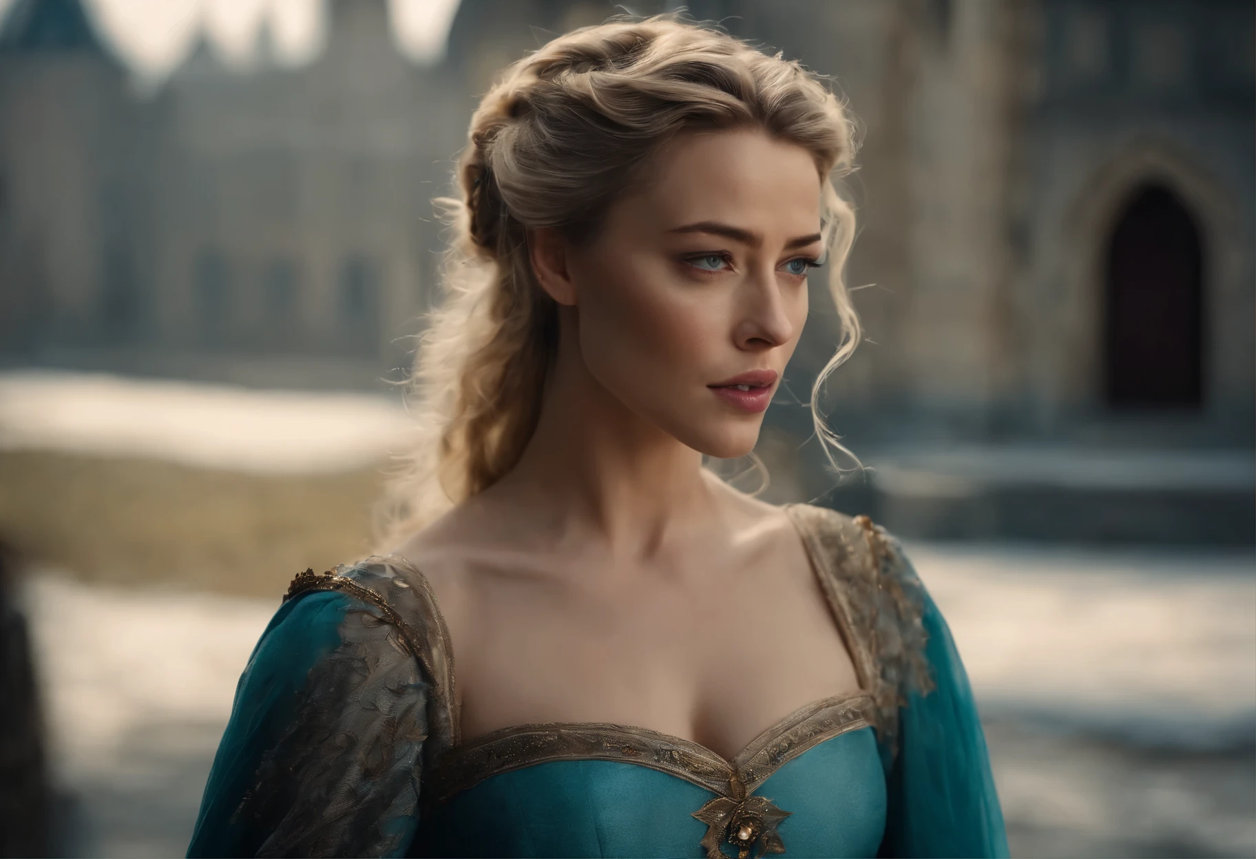 played by Amber Heard, film portrait, ((upper body)), in front of the audience, (reality :1.3), The most beautiful art photo in the world, looking at the camera, European medieval court dress, turquoise gray dress, gorgeous, soft chiffon, beautiful detailed face, Action shooting, (intricate :1.4), Medieval snowy castle background, snow-covered landscape, realistic photo, CG, art station. (Masterpiece, Best quality, high resolution:1.4), 1 girl, skin pores texture, Blonde hair, hd , Photography, Movie, cinematographic, realistic, (8K, raw photo, Best quality, Masterpiece:1.2), (realistic, photo-realistic:1.33). (freckles:0. 5) , outside, chapped lips, soft natural lighting, Magic photography, dramatic lighting, Photographic realism, ultra detailed, intimate full body shot composition, Leica 50mm