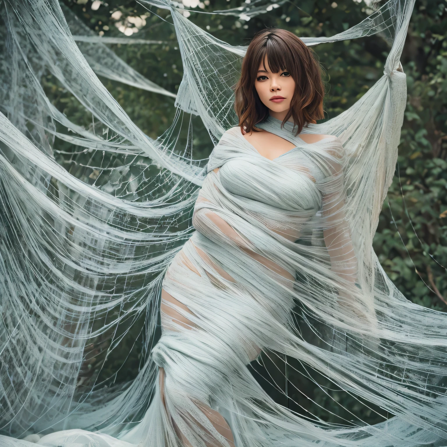 one girl tied up by another one with rope,(bright lighting,romantic setting),dreamy background,bondage,dark hair, mesmerizing gaze, , soft skin, alluring beauty, artistic portrait, high-quality image, vibrant colors, long silk gown, dressing room, (cocoon:1.4)