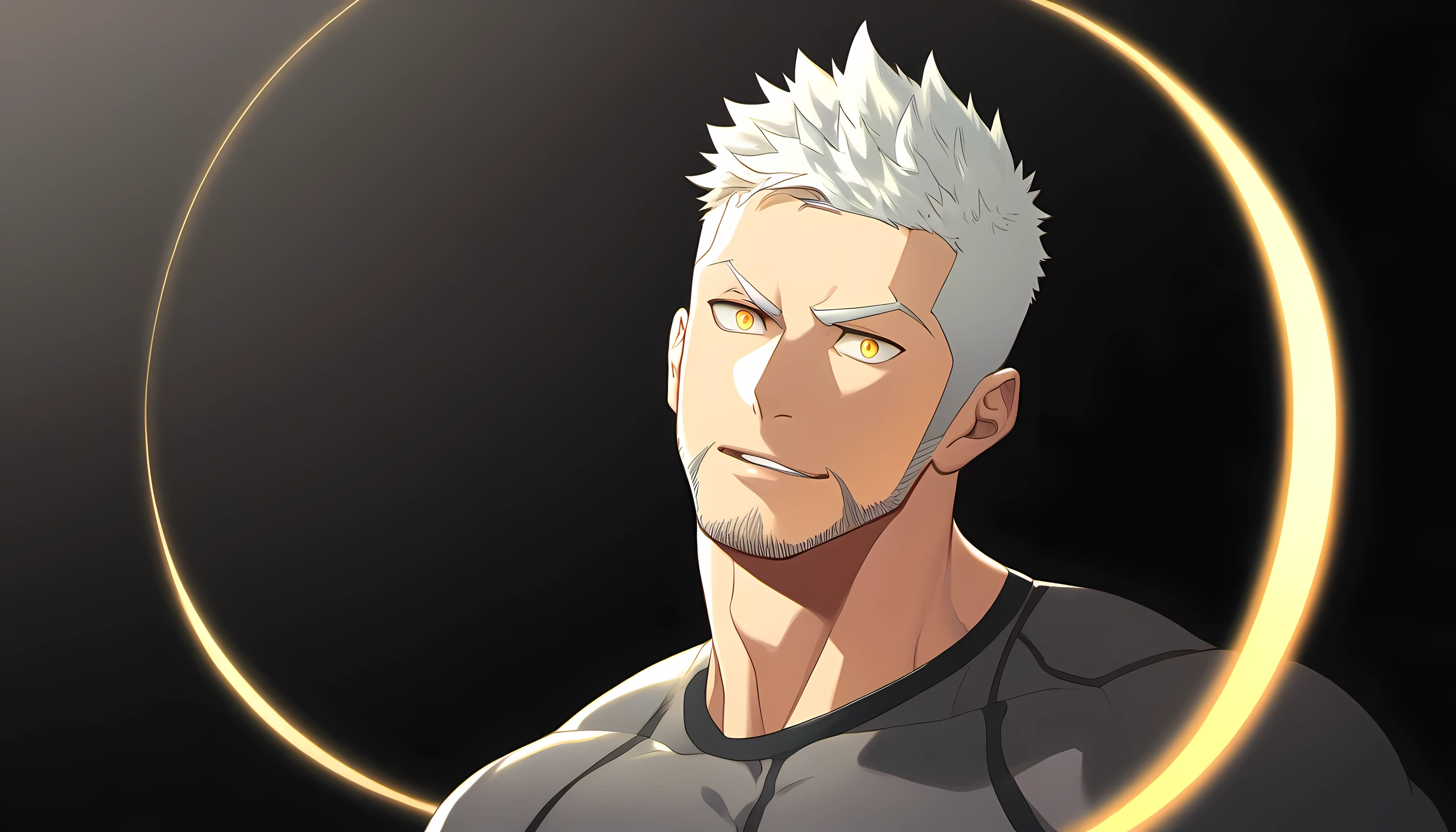 anime characters:Guy, Priapus, 1 young muscular man, male focus, Dark gray spandex tight T-shirt, white hair, muscular male, muscular, only, Upper body, alone, white short hair, stubble, yellow eyes, black background, simple background, amazing quality, best aesthetics, Ridiculous, bright pupils, short hair, naughty face, torogao, open lips, best quality