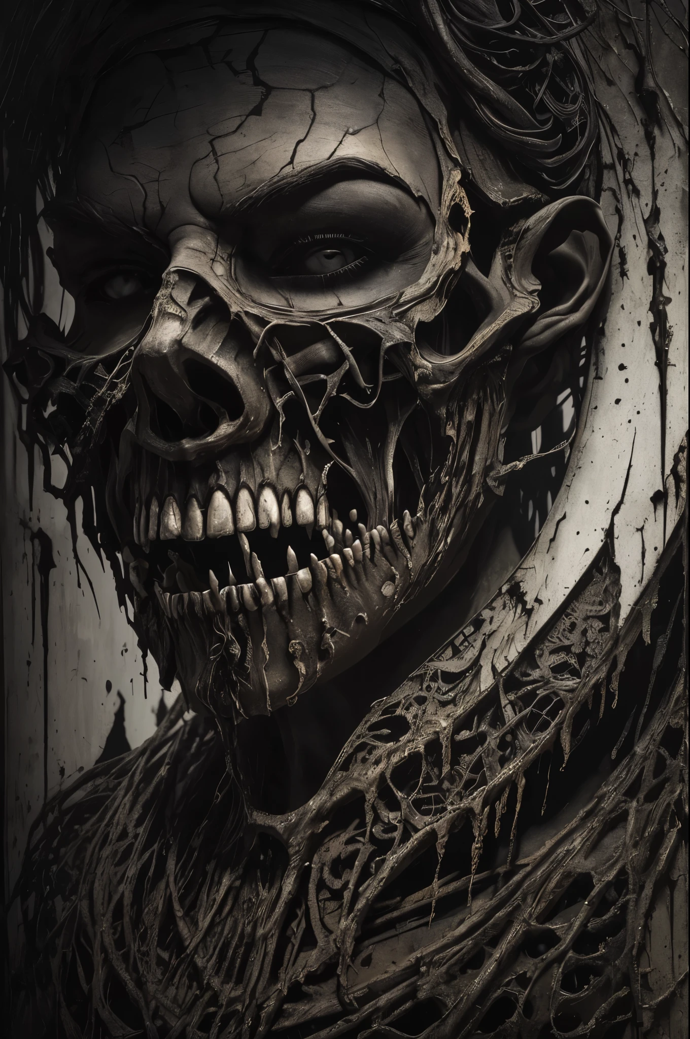 a canvas painted a deep, inky black, with only the faintest glimmers of light to guide the viewer's gaze. Amidst the darkness, twisted shapes and forms dance and writhe, a grotesque play of shadows and light. The details are so intricate, so lifelike, that the viewer can almost feel the texture of the twisted flesh, the cold, clammy touch of the decay, the stench of the rotting remains. And deep within the painting, a sound, a whisper, a voice that speaks to the viewer's deepest fears and desires, masterpiece, ultra realistic, make viewer feel consumed by the darkness