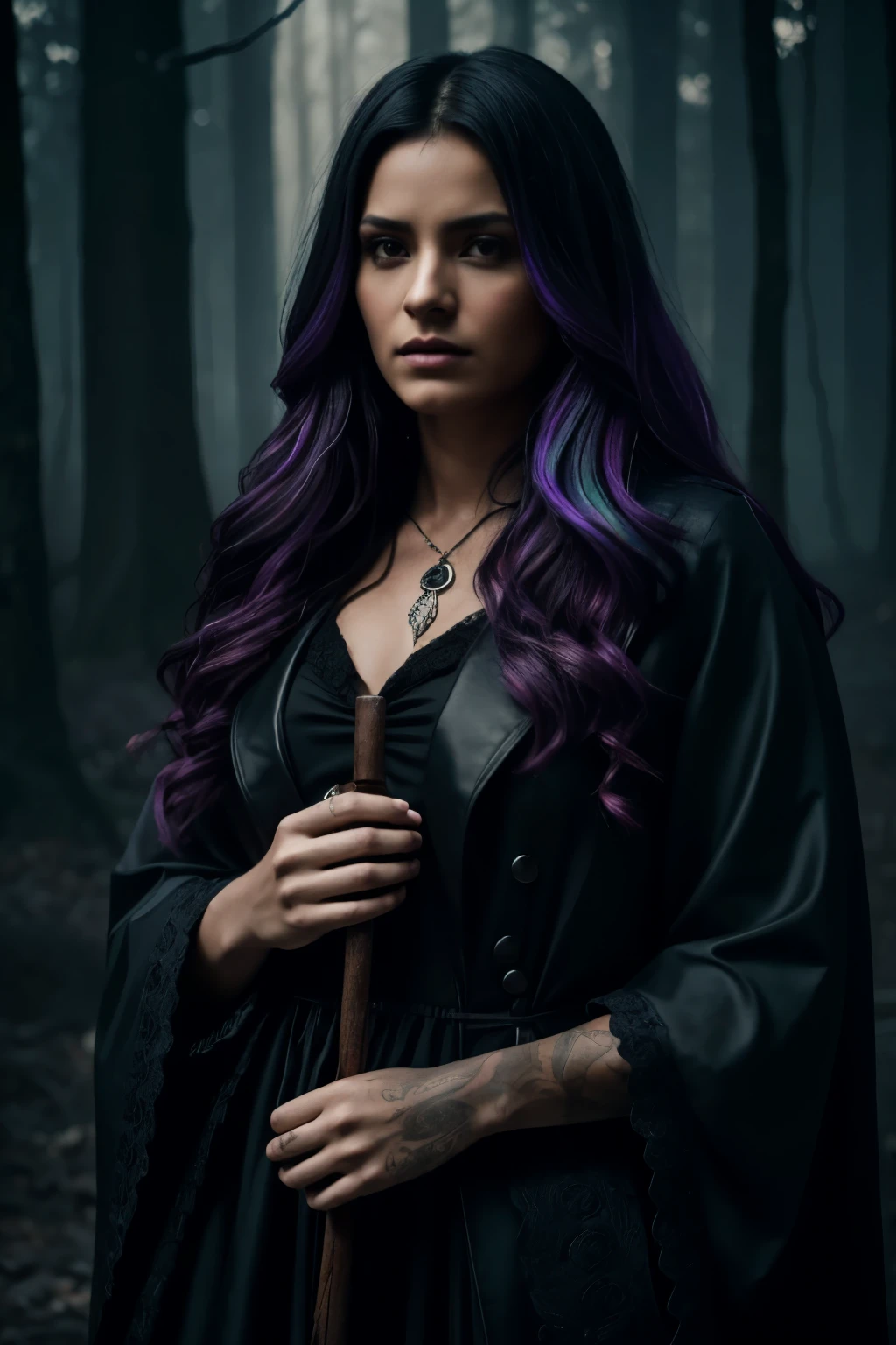 Dark romance book cover, {1woman:1.1}, native, sexy, wearing witch costume, purple highlights in long hair, holding apple, {1man:1.2}, in suit, long dark hair, tattoos, {Hyper-detailed photography}, {Moody and atmospheric lighting}, background, {Soft and subtle color palette}, high contrast, {Detailed and textured}, {Fine art}, {Best quality}, {Fotorealistic}, {Dramatic composition}, subtle shadows, {High resolution}, {8K}, {Capture the essence of the dark and mysterious romance genre}, {Eye-catching and captivating}, {Full of depth and emotion}, {