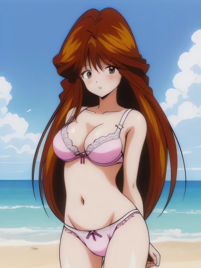 It is, 1 girl, alone, In underwear, long hair, slender body, belly button, brown eyes, white ruffle bra, expensiveleg, big breasts, brown hair, white panties,, looking at the viewer, blush, cowboy shot, redhead,  texpensive gap, camel toe, beach,
1990s \(style\), (anime, anime_screen cap, animeーション化された gif, mp4 ,video), (animeーション化された), (masterpiece, expensive quality), very_expensive_solve, big_file size, full color, 
masterpiece, expensive quality, very_expensive_solve, big_file size, full color,