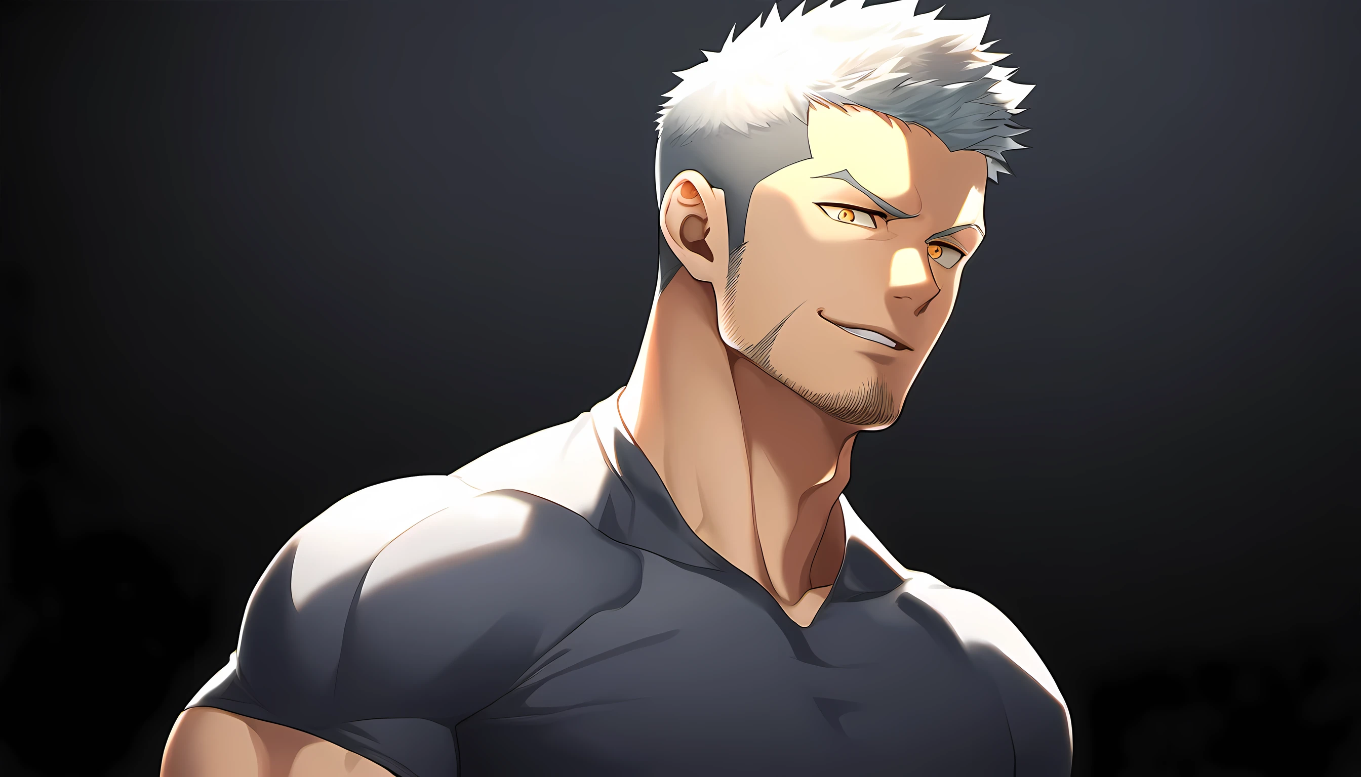 anime characters：Guy, Priapus, 1 young muscular man, male focus, Dark gray spandex tight T-shirt, white hair, muscular male, muscular, only, Upper body, alone, white short hair, stubble, yellow eyes, black background, simple background, amazing quality, best aesthetics, Ridiculous, bright pupils, short hair, naughty face, torogao, open lips, best quality