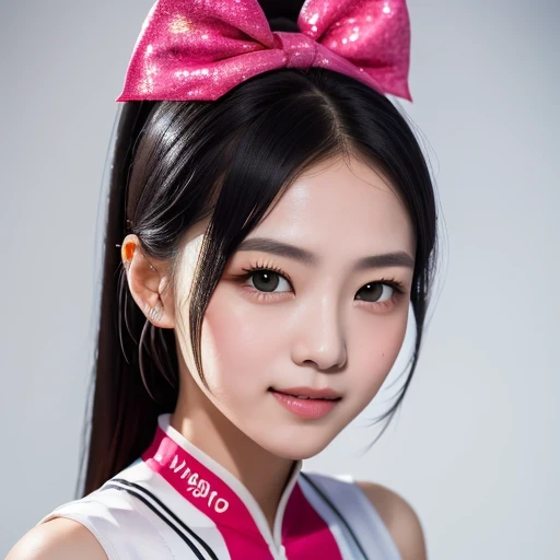 (masterpiece, best quality:1.5), beautiful girl, 8k, 50mm portrait, RAW photos, absurd, exquisite girl, (Close-up face, Dance:1.3),  upper part of body, front shot, short hair, cheerleader, Pink cheerleading uniform, mini skirt, ribbon hair bow, view viewer, (Smile:0.6), skin shiny, breast focus, Thin arms, The waist is thin, face light, clear lighting, film grain, Color difference, stadium, (Bokeh:1.1), (simple background:1.2)