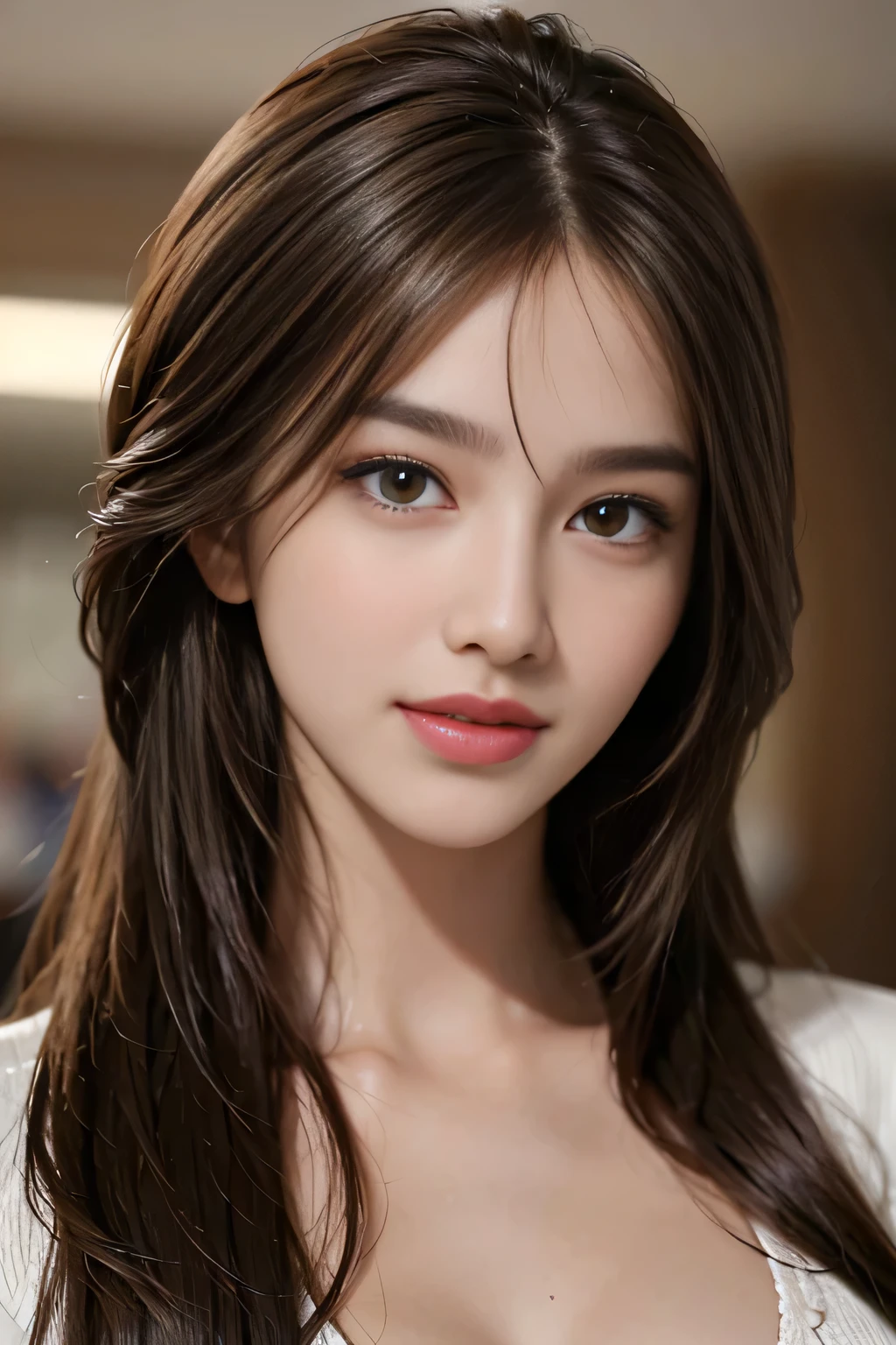 table top, highest quality, realistic, Super detailed, finely, High resolution, 8k wallpaper, 1 beautiful woman,, light brown messy hair, wearing a business suit, sharp focus, perfect dynamic composition, beautiful and detailed eyes, thin hair, Detailed realistic skin texture, smile, close-up portrait, model body shape