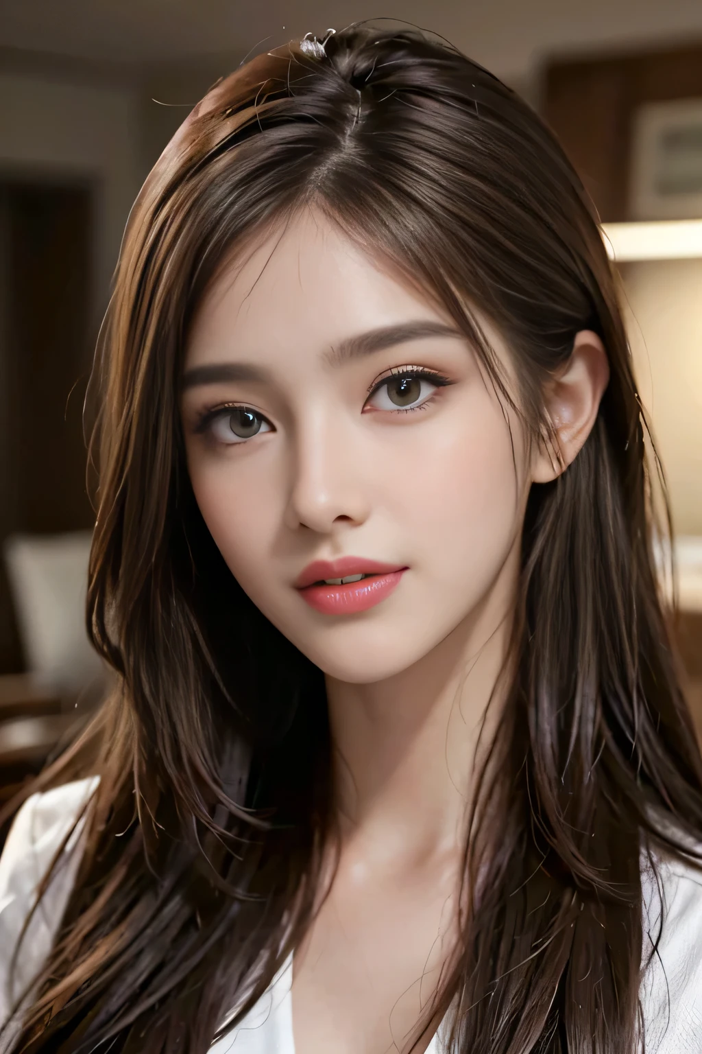 table top, highest quality, realistic, Super detailed, finely, High resolution, 8k wallpaper, 1 beautiful woman,, light brown messy hair, wearing a business suit, sharp focus, perfect dynamic composition, beautiful and detailed eyes, thin hair, Detailed realistic skin texture, smile, close-up portrait, model body shape