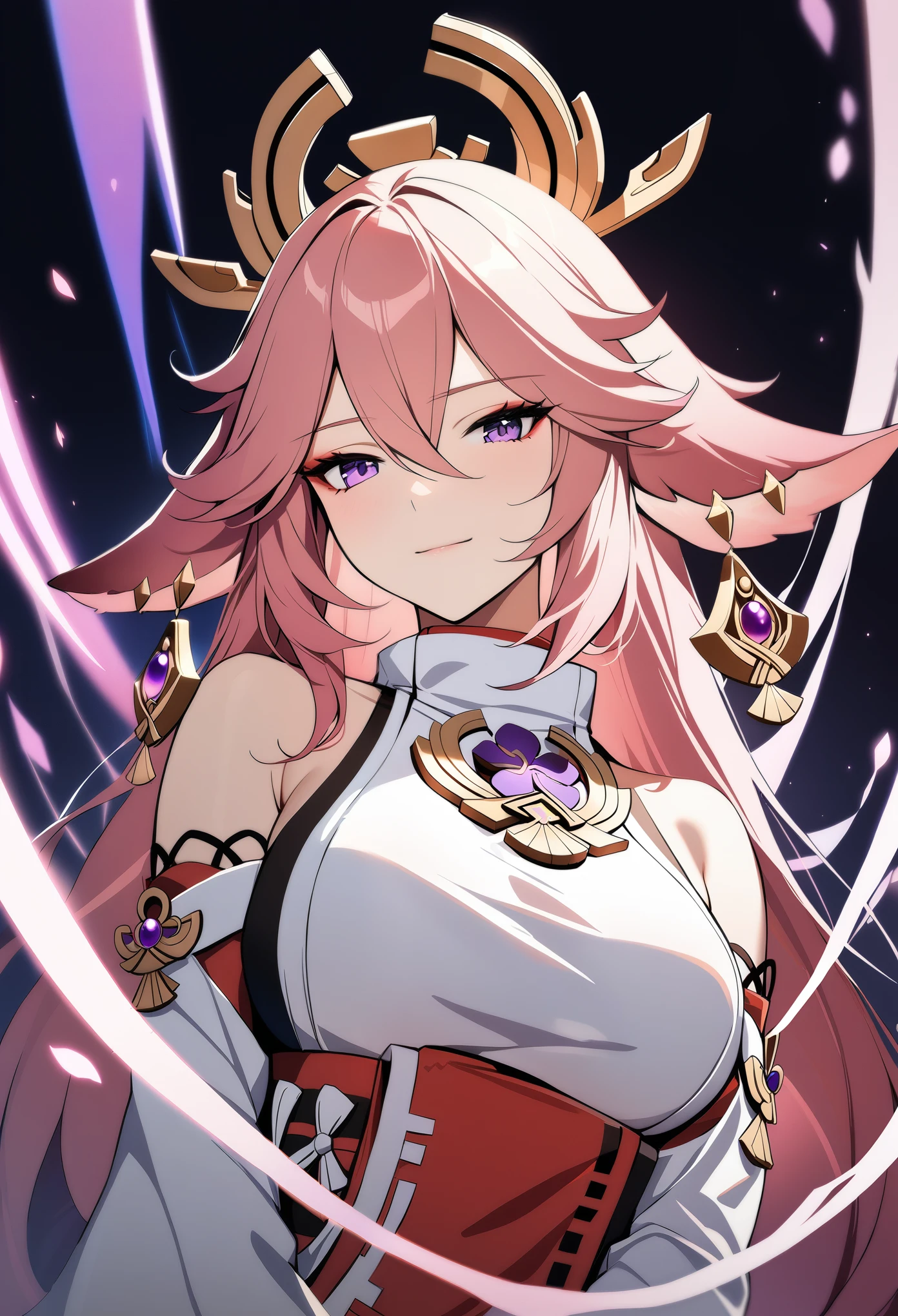 1girl, yae miko, genshin impact, upper body, pink hair, very long hair, fox ears, white shirt, breasts, light smile, cinematic angle, masterpiece, best quality