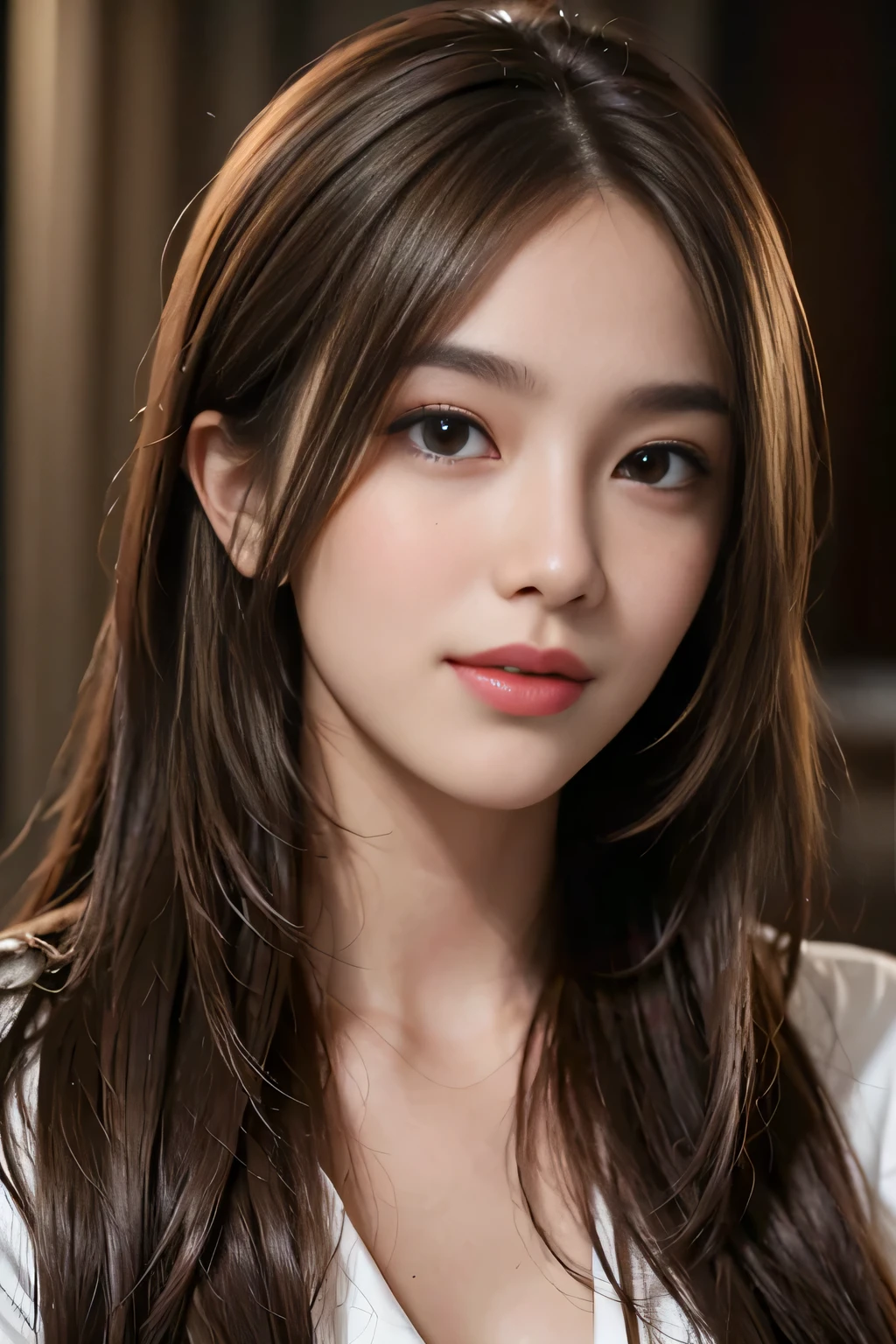 table top, highest quality, realistic, Super detailed, finely, High resolution, 8k wallpaper, 1 beautiful woman,, light brown messy hair, wearing a business suit, sharp focus, perfect dynamic composition, beautiful and detailed eyes, thin hair, Detailed realistic skin texture, smile, close-up portrait, model body shape