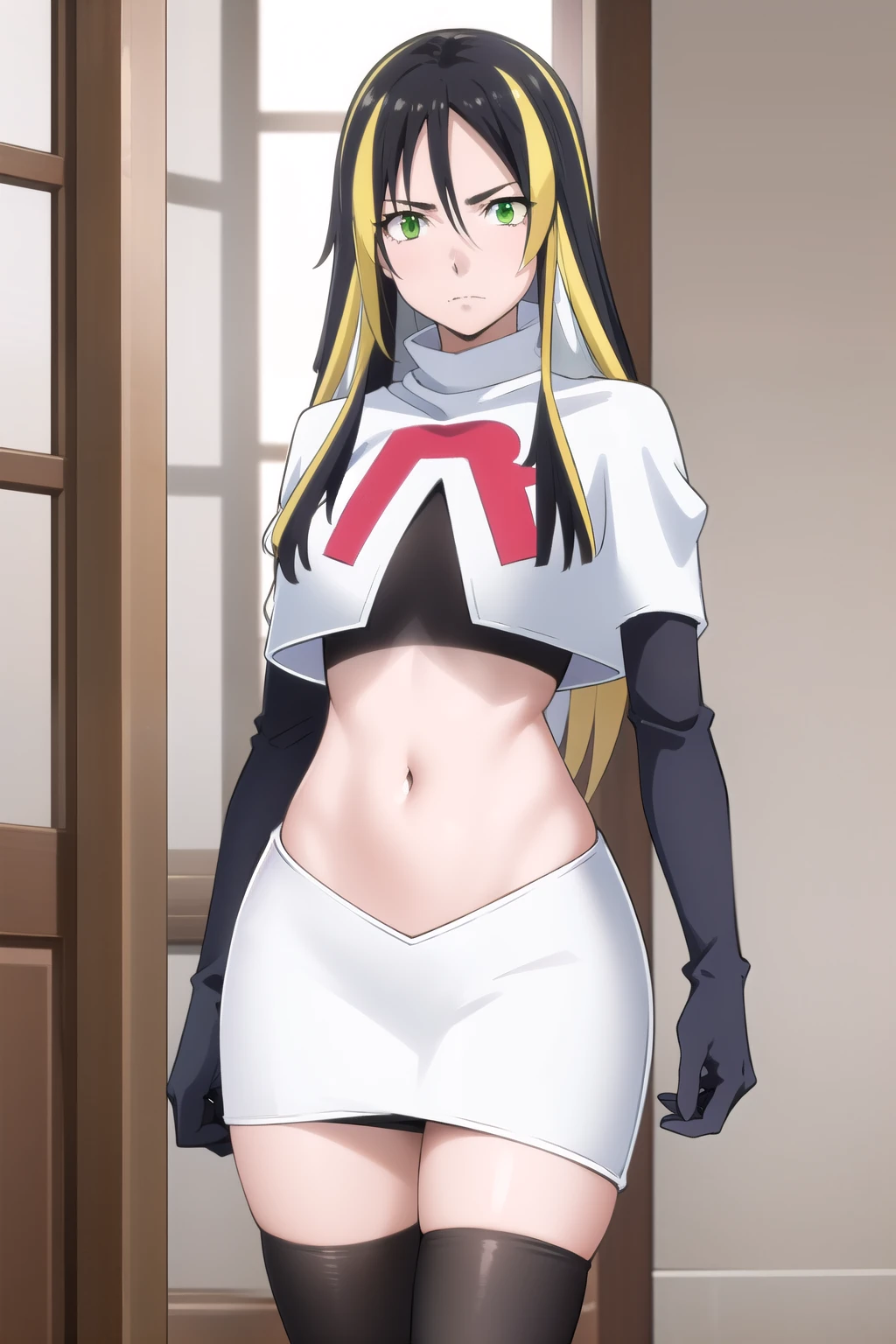 photorealistic, (4k), depth of field, (Masterpiece), (realistic skin texture), extremely detailed, intricate, hyper detailed, professional photography, high resolution, sharp detail, best quality, woman, long hair, black hair, yellow hair streaks, green eyes, team rocket,team rocket uniform,white skirt,red letter R,crop top,black thigh-highs,black elbow gloves,