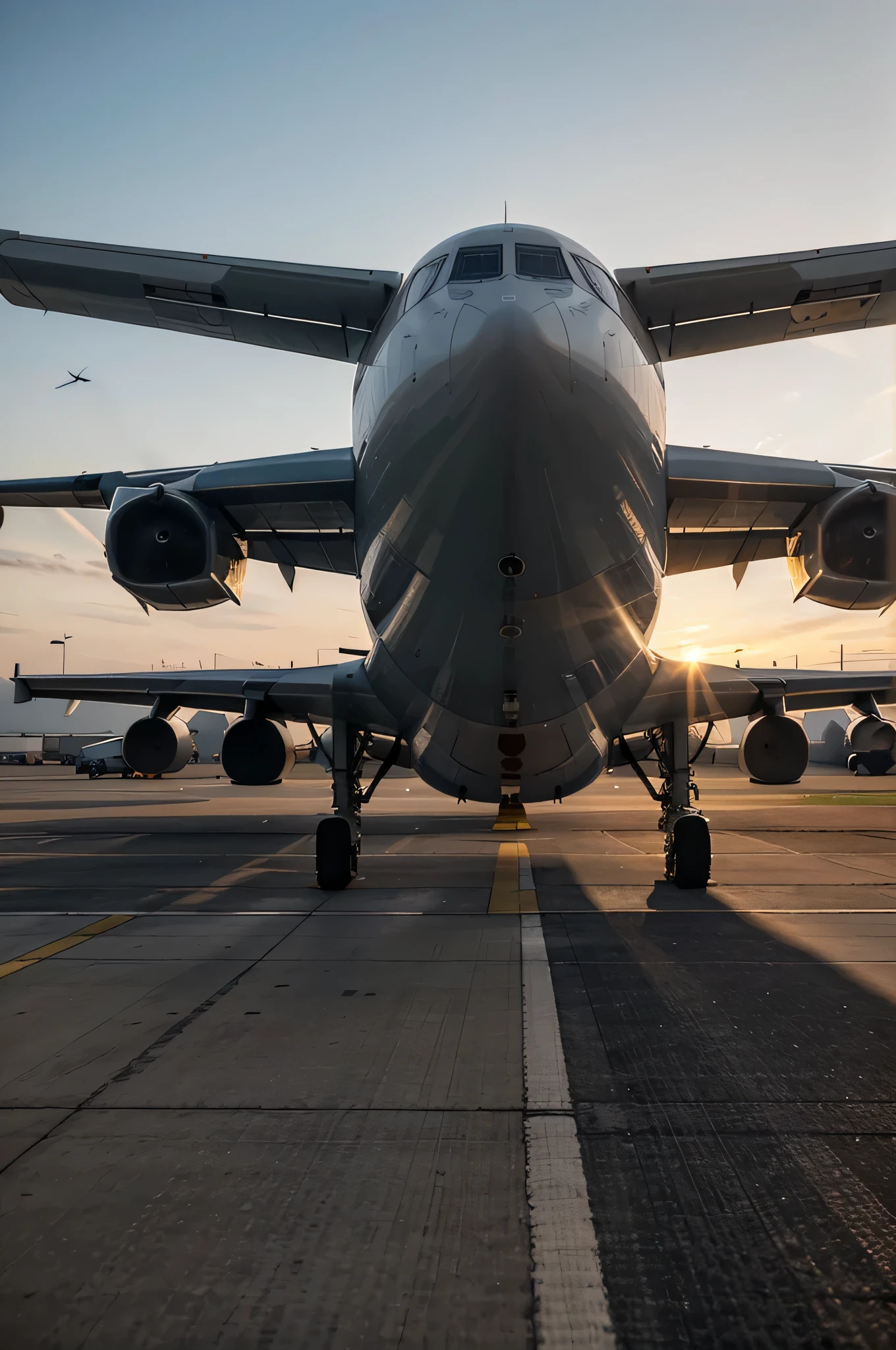 A large plane taking off from an airport runway at sunset or dawn with the landing gear down and the landing gear down, when the plane is about to take off.