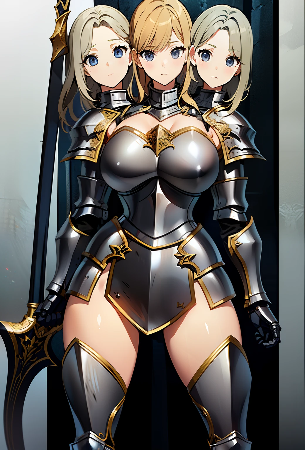 (masterpiece),(ultra-detailed), (high quality), (high resolution), (best quality:1.5, highres, UHD), highres, absurdo, ultra detail, ultra quality, (2heads:1.5), 1girl, (long hair), golden blonde hair, thighs, (gray armor), female warrior, (fully armored), (medieval outfit), (black eyes), sword, armored chest piece, gorgeous female knight, Guild Clothes with Armor, Fantasyart:1.5, (1 Female Knight:1.5), Detailed and detailed depiction armor