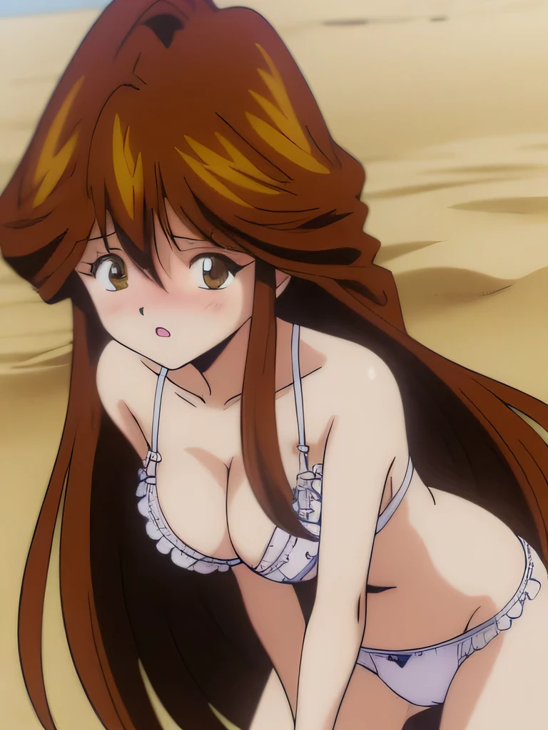 It is, 1 girl, alone, In underwear, long hair, slender body, belly button, brown eyes, white ruffle bra, expensiveleg, big breasts, brown hair, white panties,, looking at the viewer, blush, cowboy shot, redhead,  texpensive gap, camel toe, beach,
1990s \(style\), (anime, anime_screen cap, animeーション化された gif, mp4 ,video), (animeーション化された), (masterpiece, expensive quality), very_expensive_solve, big_file size, full color, 
masterpiece, expensive quality, very_expensive_solve, big_file size, full color,