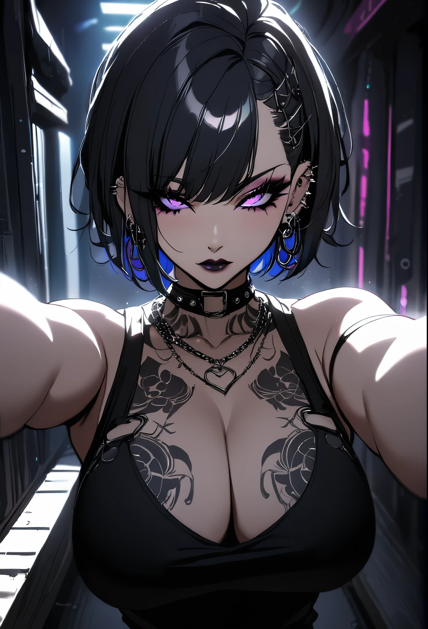 1girl, Holo-Punk Style, goth, black hair, earrings, eyelashes, indoors, jewelry, lips, makeup, necklace, short hair, solo, tattoo, faux hawk, punk aesthetic, foreshortening, darkbackground, cinematic lighting, masterpiece, best quality , big breasts