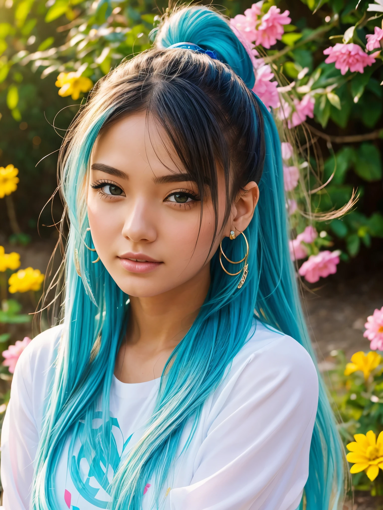 (masterpiece), (best quality), (ultra detailed),(disheed hair),(illustration), (1girl), (Fashionable clothing), standing, Fashion model, looking at viewer, (interview), (simple background), Beautiful detailed eyes, delicate beauty, floating, (high saturation), (colorful splash), colorful bubbles, (shine), focus on the face, ponytail, Ayaka Kamisato, light blue hair, bangs, scrunchies, floating flowers, flowing hair, (shiny), best lighting, best shadows, perfect hands