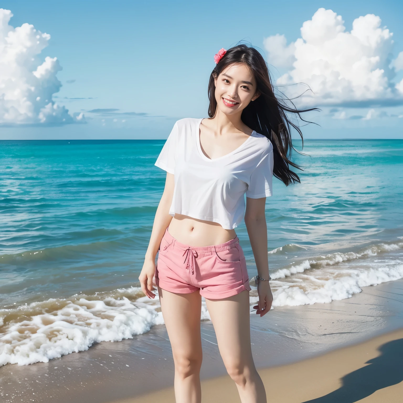 ((highest quality、table top、8k、best image quality、extremely complex and detailed depiction))、(solo:1.1)、(1 photo:1.1)、(look at me with the best smile:1.2)、(Please smile and show your beautiful teeth:1.2)、(最も自然でwide々It was々美しく完璧なstanding on the beach:1.2)、(wide々It was美しい波打ち際に立っている:1.1)、(Perfect and most natural open chest T-shirt:1.2)、(The most natural and perfect shorts:1.2)、Perfect and most natural coordination、emphasize body line、(perfect hibiscus hair ornament:1.1)、A bright hibiscus flower on the head、cleavage、(big breasts:1.1)、(glamorous body:1.1)、hair swaying in the wind、(beautiful perfect sandy beach:1.1)、(beautiful clear sky:1.1)、(beautiful thunder clouds:1.1)、beautiful sea、(Beautiful clear and vivid sea:1.1)、Complex sea glow、beautiful seaの詳細が描かれています、(Brightly lit face:1.2)、(美しい skin that shines brightly:1.1)、Ultra high definition beauty face、ultra high definition hair、Super high definition beautiful eyes、(Pure white skin shining in ultra-high resolution:1.2)、very bright and glowing skin、Super high resolution glossy lips、(very bright and vivid:1.3)、(accurate anatomy:1.1)、(Full body photo of a standing woman:1.2)、(long legs:1.1)、(barefoot:1.1)、(perfect legs:1.1)、gravure pose、(standing on the beach:1.3)、(perfect full body photo:1.1)