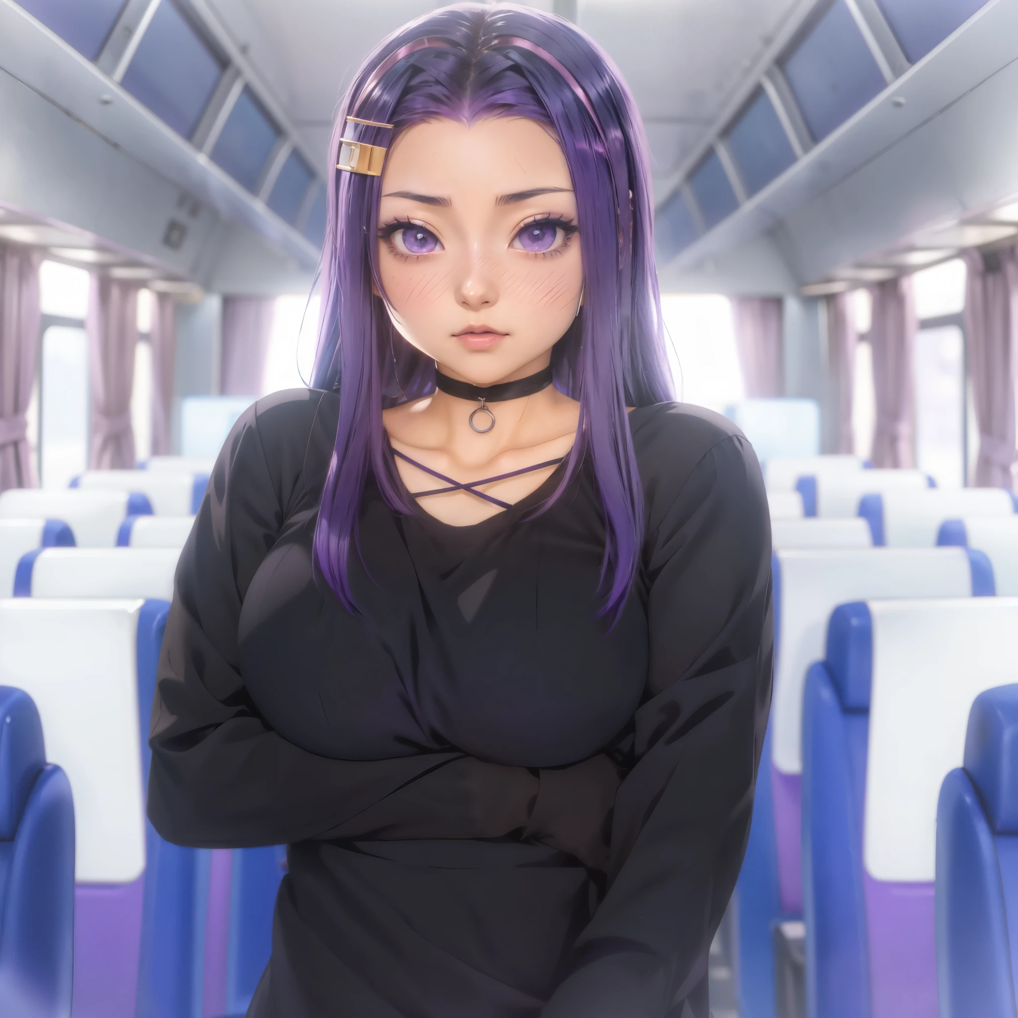 anime girl with purple hair and purple eyes standing in a train, hinata hyuga, anime visual of a cute girl, anime moe artstyle, anime girl wearing a black dress, inspired by INO, in an anime style, she has purple hair, as an anime character, in an anime, in anime style, an anime girl