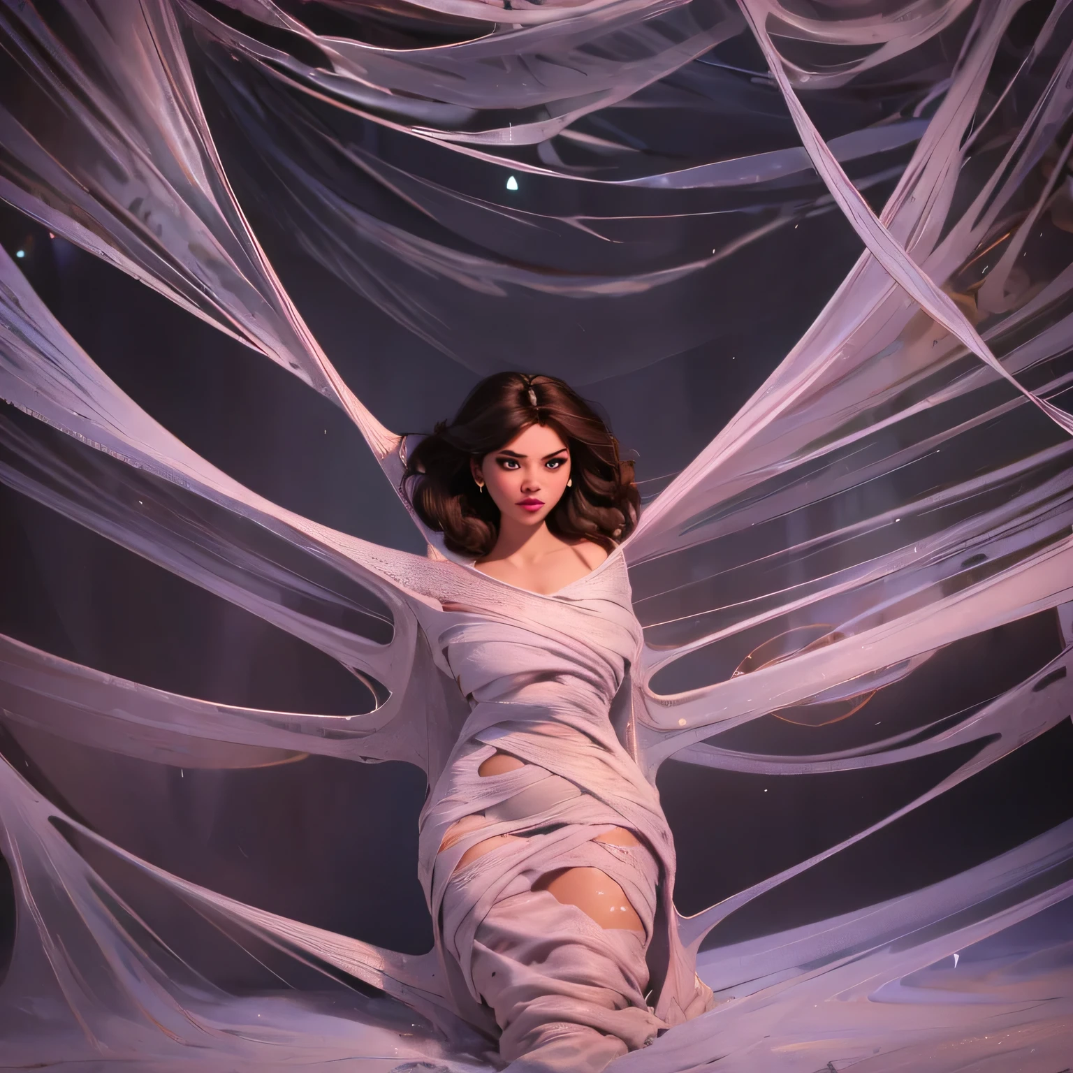 one girl tied up by another one with rope,(bright lighting,romantic setting),dreamy background,bondage,dark hair, mesmerizing gaze, , soft skin, alluring beauty, artistic portrait, high-quality image, vibrant colors, long silk gown, dressing room, (cocoon:1.4)