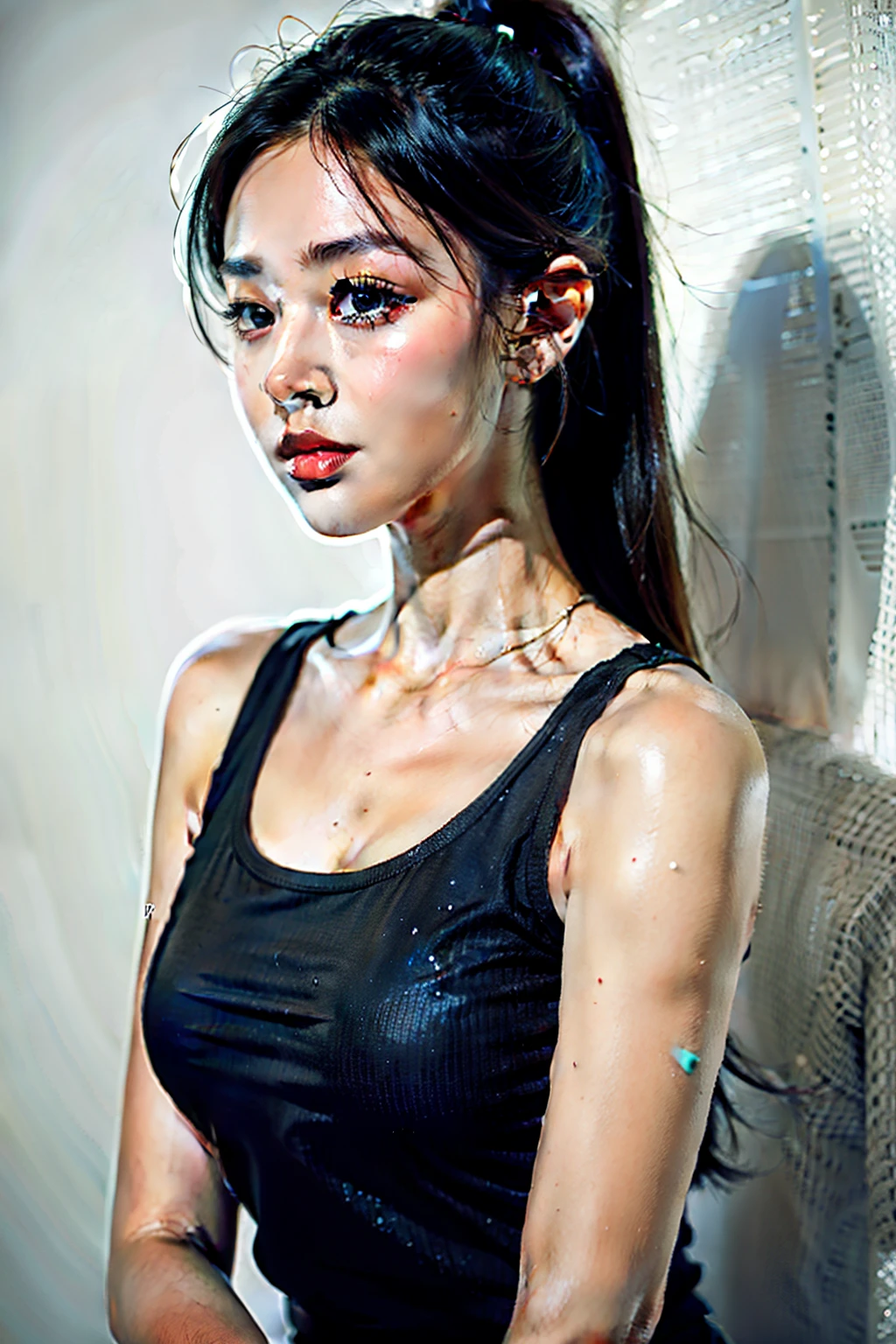 make this woman like black widow, recent fight scenario, realistic red lights, simple face cuts