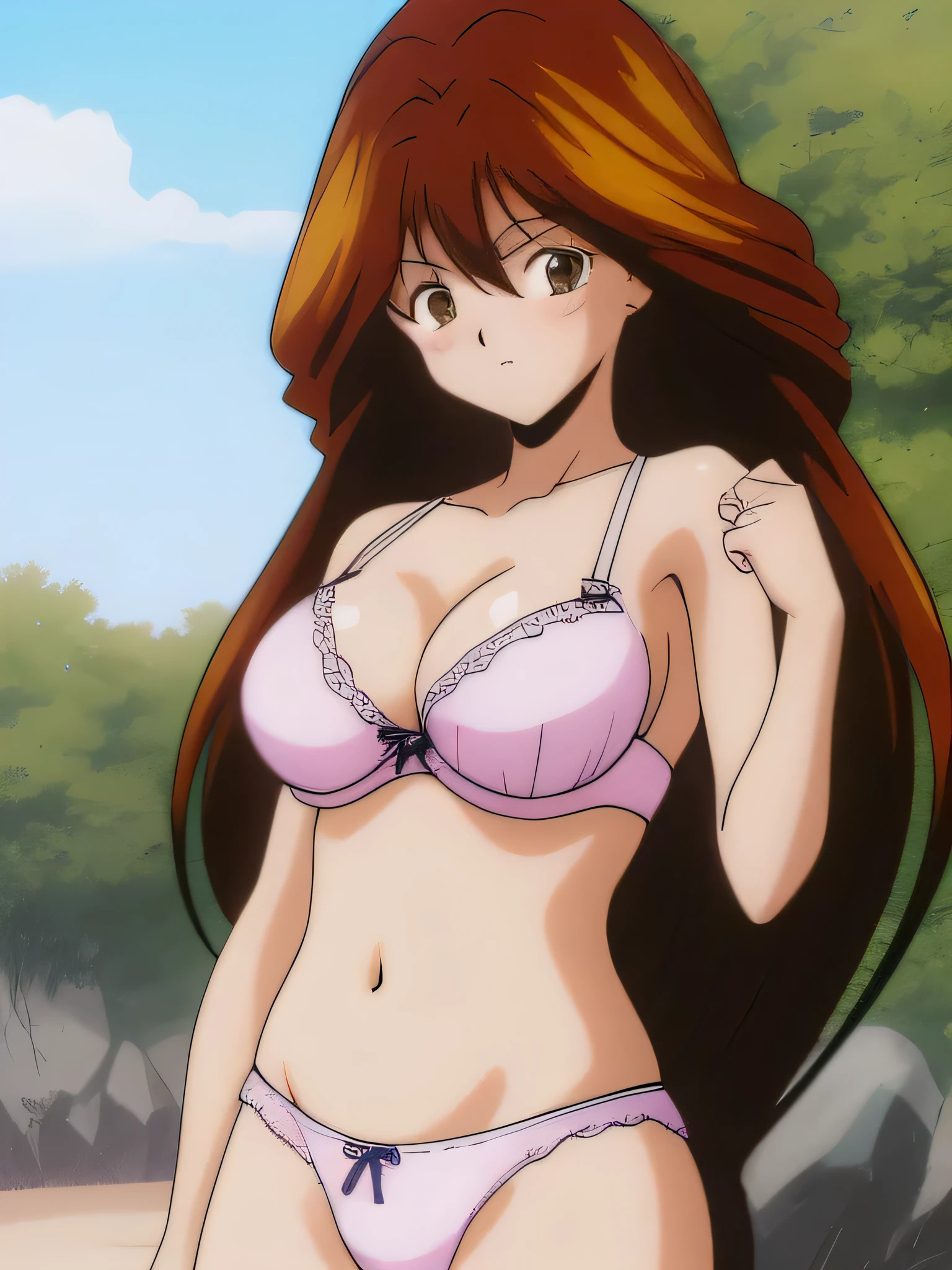 It is, 1 girl, alone, In underwear, long hair, slender body, belly button, brown eyes, white ruffle bra, expensiveleg, big breasts, brown hair, white panties,, looking at the viewer, blush, cowboy shot, redhead,  texpensive gap, camel toe, beach,
1990s \(style\), (anime, anime_screen cap, animeーション化された gif, mp4 ,video), (animeーション化された), (masterpiece, expensive quality), very_expensive_solve, big_file size, full color, 
masterpiece, expensive quality, very_expensive_solve, big_file size, full color,