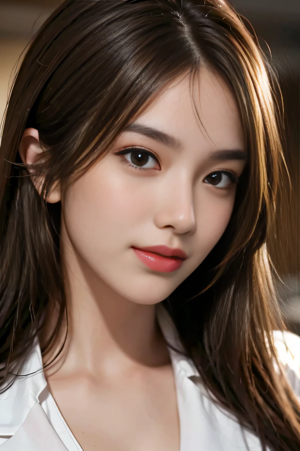 table top, highest quality, realistic, Super detailed, finely, High resolution, 8k wallpaper, 1 beautiful woman,, light brown messy hair, wearing a business suit, sharp focus, perfect dynamic composition, beautiful and detailed eyes, thin hair, Detailed realistic skin texture, smile, close-up portrait, model body shape