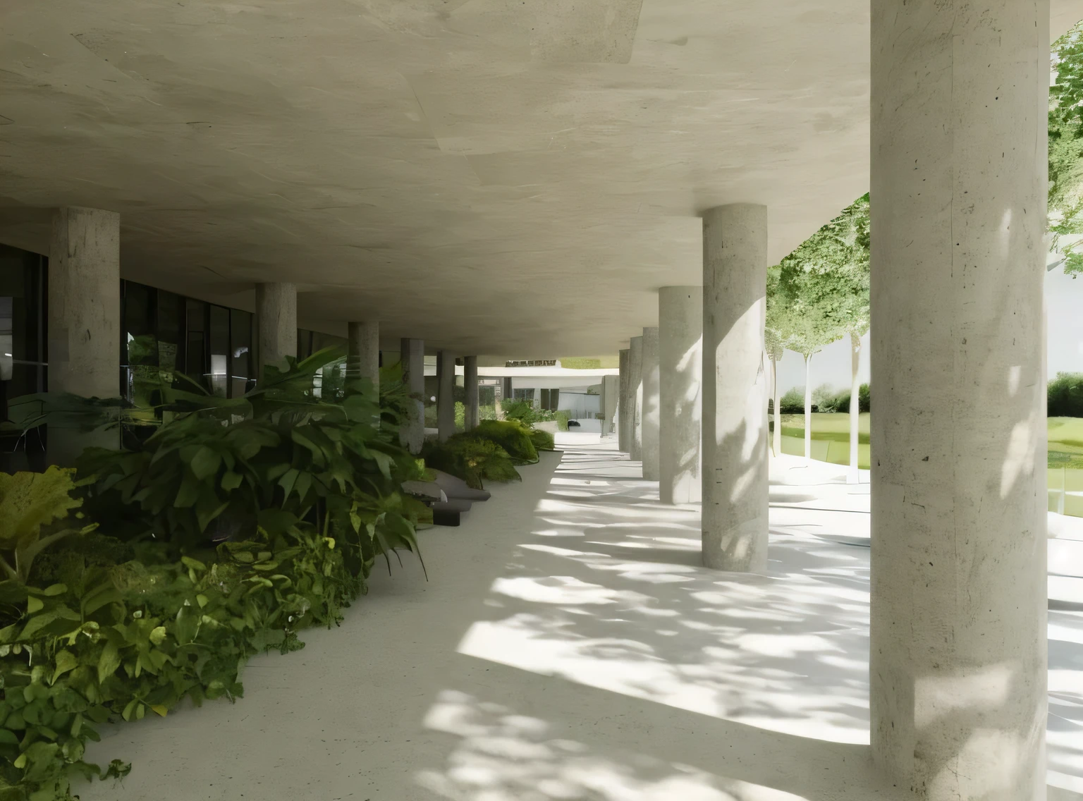 tropical, jardim, there is a long walkway with plants and trees on both sides, architectural rendering, pilares de concreto, architectural rendering, low angle dimetric rendering, architectural visualization, View at ground level, View at ground level, arquivamento, detail rendering, photographic rendering, architectural visualization, View at ground level, inspired by Tadao Ando, colunata, green terrace, digital rendering