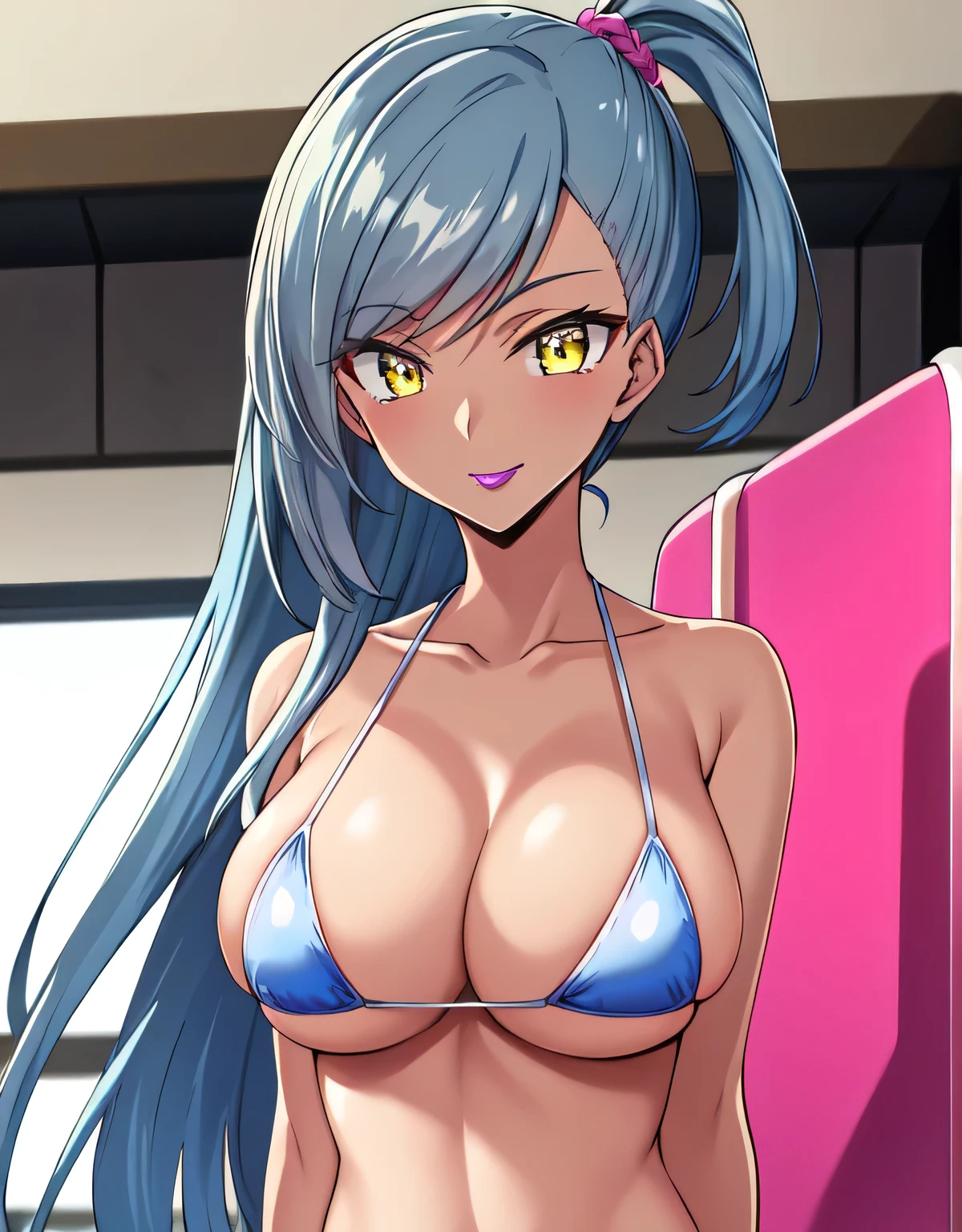 Villa Nu,black skin,gray hair,浅black skinの女性,yellow eyes,long hair,ponytail,lipstick,compensate,micro bikini,indoor pool,light smile,deep cleavage,(big breasts:1.5),looking at the viewer,Are standing,(((masterpiece))),((highest quality)),perfect anatomy,8k UHD,highly detailed face,shiny and glossy,((1 girl)),((alone)),(detailed and beautiful eyes:1.5),perfect image,(Upper body:1.1),(look ahead:1.1),turn your arms behind your back,slim waist,(shiny hair),super detailed,disorganized,shiny skin,