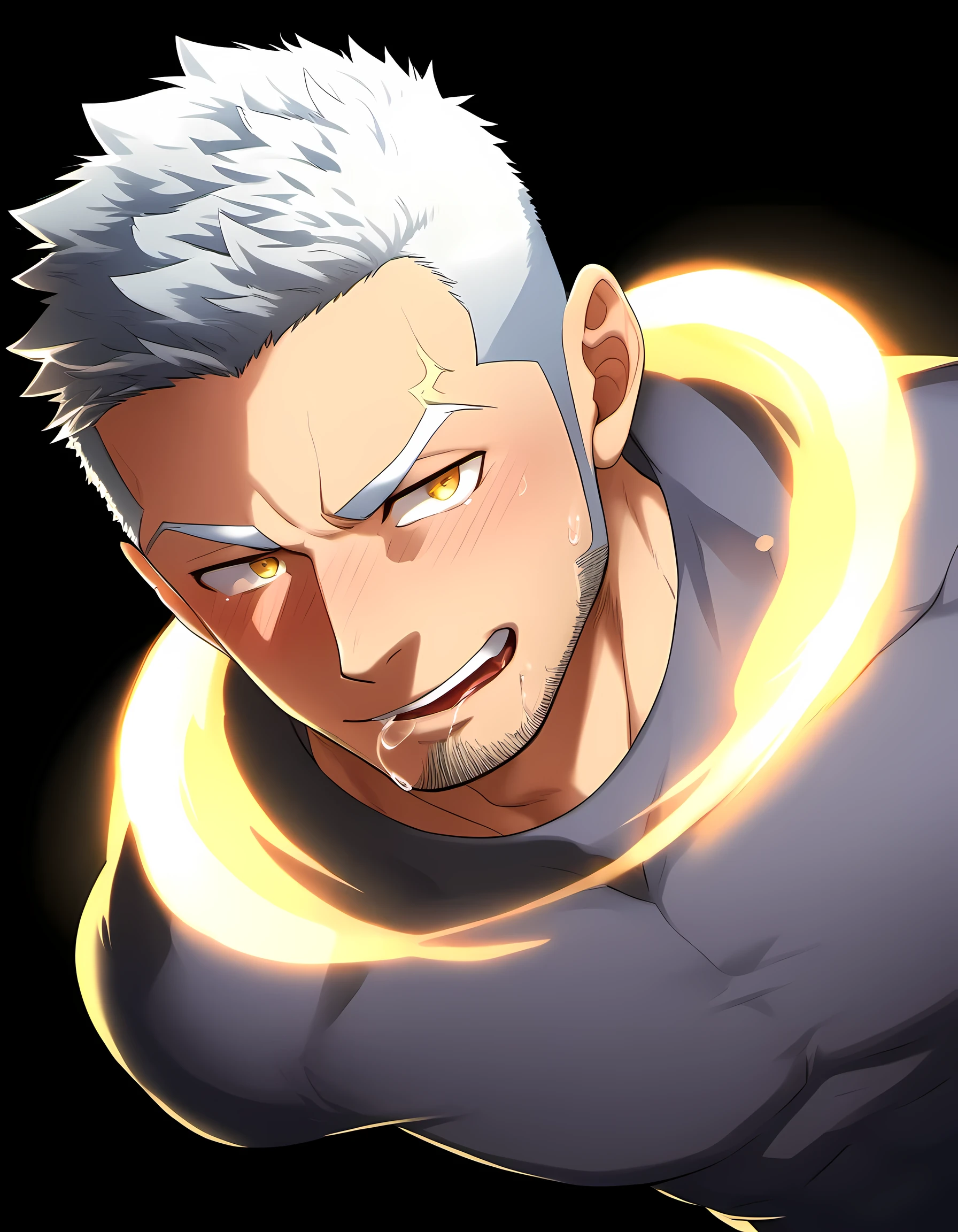 anime characters：Guy, Priapus, 1 young muscular man, male focus, Dark gray spandex tight T-shirt, white hair, muscular male, muscular, only, Upper body, alone, white short hair, stubble, yellow eyes, black background, simple background, amazing quality, best aesthetics, Ridiculous, bright pupils, short hair, naughty face, torogao, open lips, verbal invitation, traces of saliva, moan, blush, Slobber, best quality