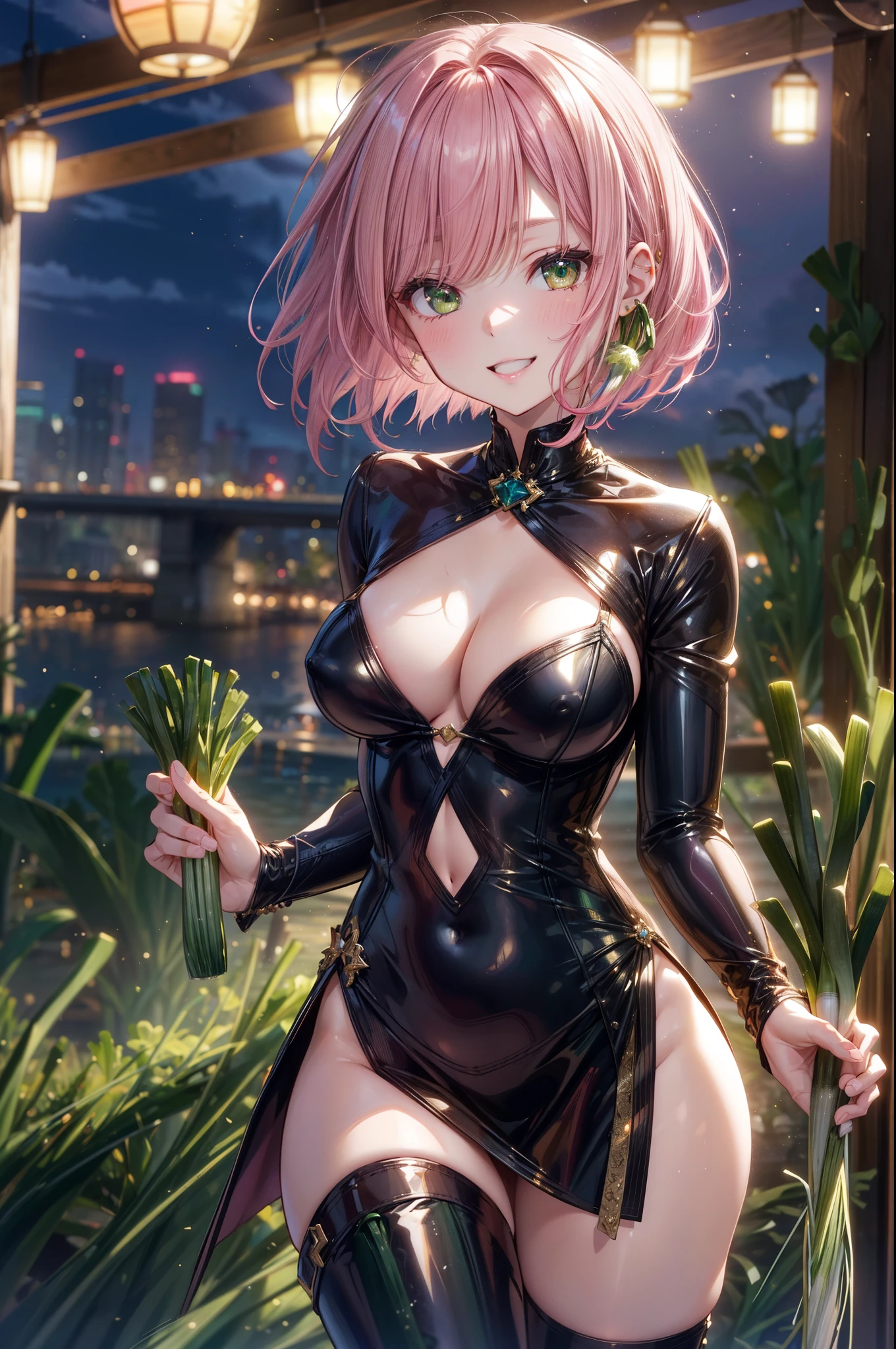 A woman wearing a formal, sexy dress, ((holding a long green onion in both hands)), dancing violently, 4 defined fingers, 1 defined thumb, (looking at viewer), break, sexy, ((solo)), (1 woman), ((25 years old)), ((highest quality)), ((masterpiece)), (familiar), skindentation, perfect face, 8k , (cowboy shot), break, short hair, ((pink hair1.5)), bob cut, black eye, beautiful princess, smile, ((metallic costume)), medium breasts, perfect limbs, visible nipples, (camel toe:0.5), sexy, standing by the sea, wears thigh-high boots, ((in a pile of green onions)),
