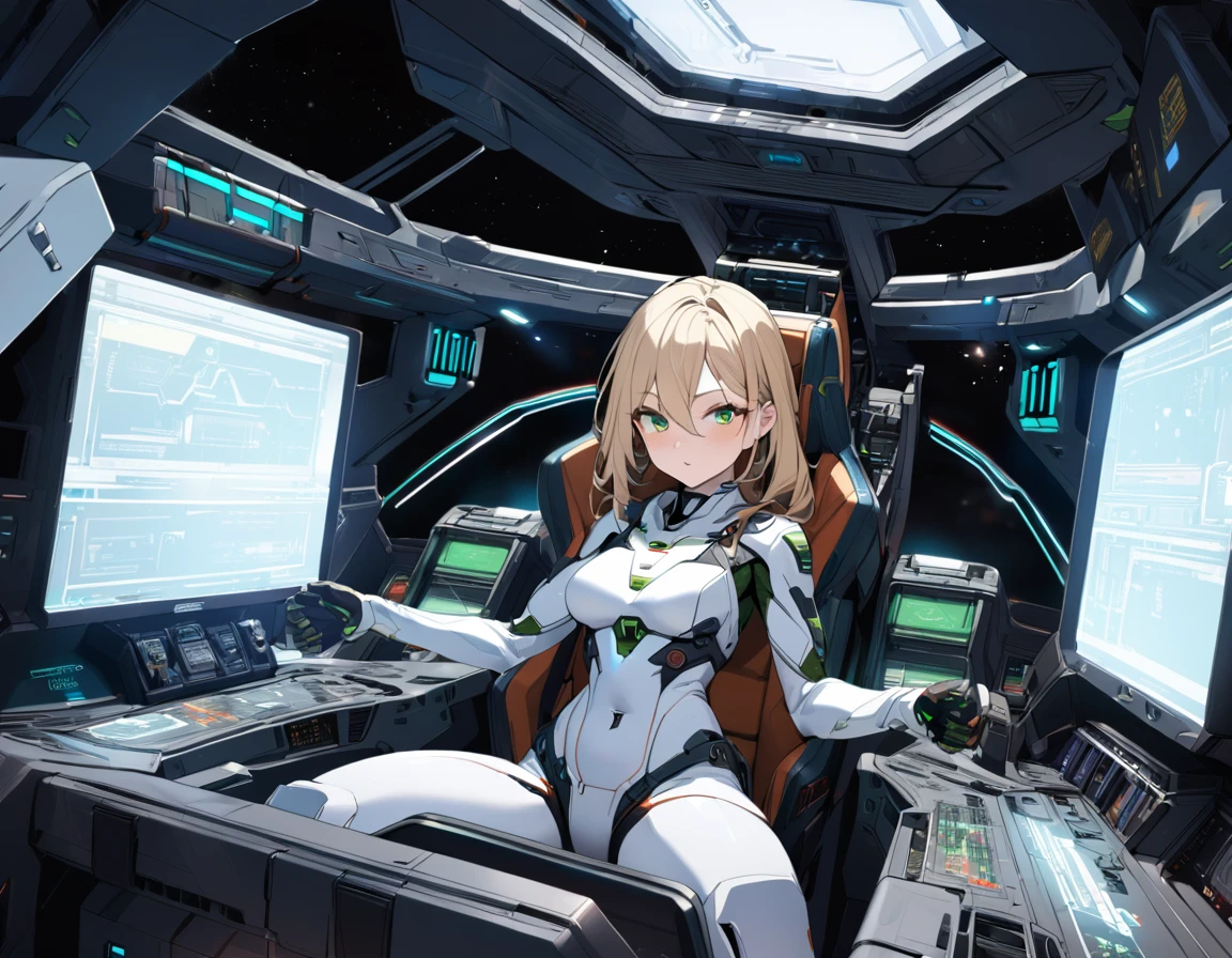 1girl,solo,Sala,original,blond hair,green eyes,white body suit,in space ship,gundamwingcockpit,AR console,Science fiction,ultra-detailed,sharp focus,(best quality)