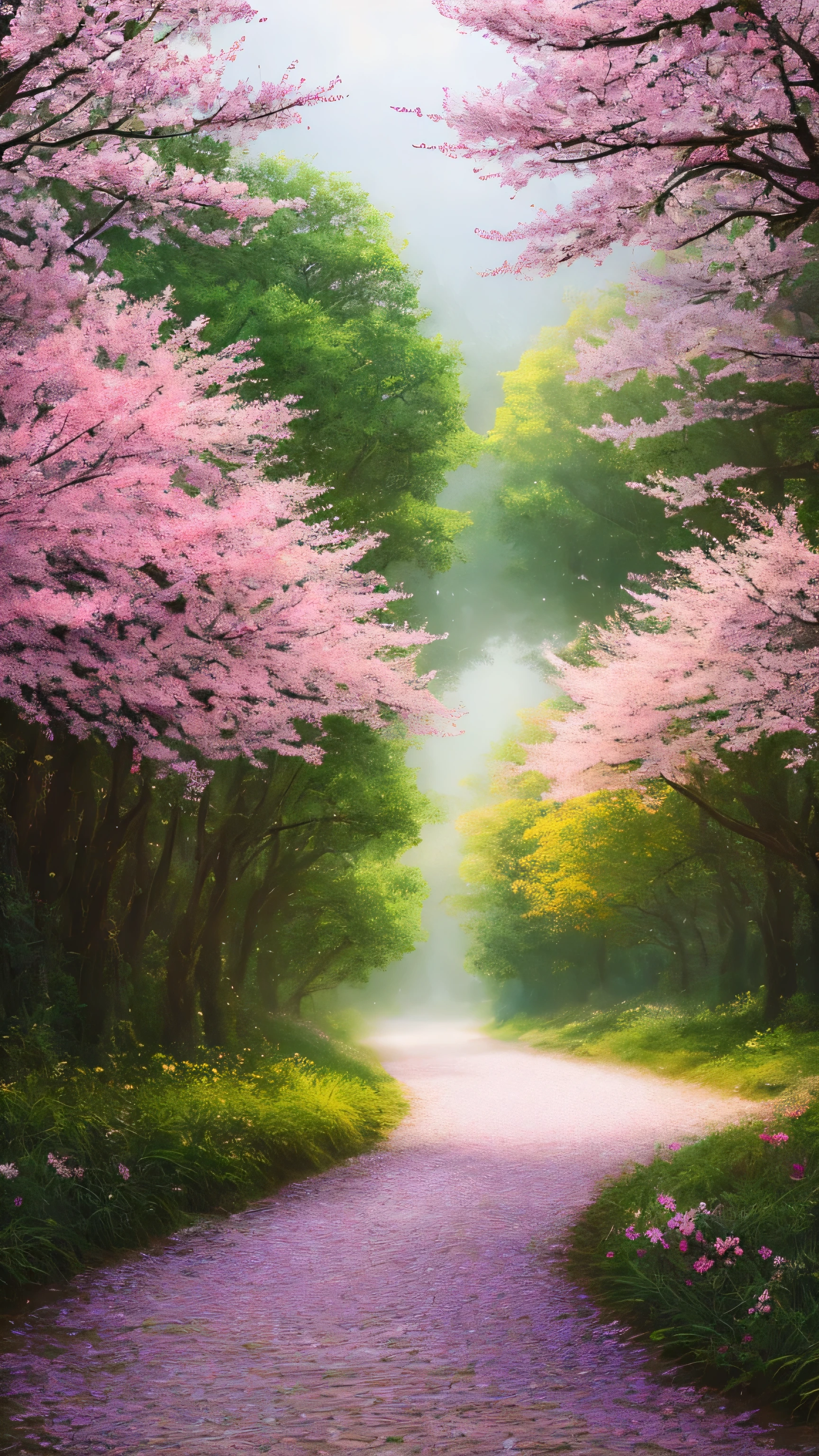 masterpiece, best quality, high quality, extremely detailed 8k wallpaper of CG unit, a charming and dreamy scene of a lush forest of sakuras, with tall trees, creating a sense of mystique and enchantment, artistic station, digital illustration, intricate, trend, pastel colors, oil painting, award-winning photography, Bokeh, depth of field, HDR, flower, chromatic aberration, photorealistic,  extremely detailed, trend in artstation, trend in CGsociety, intricate, high detail, dramatic, art in the middle of the journey, old tree, winding road, lakelet, small fog, cherry blossom tree,  small lake next to the forest, tree tunnel, forsythia flower, wide road