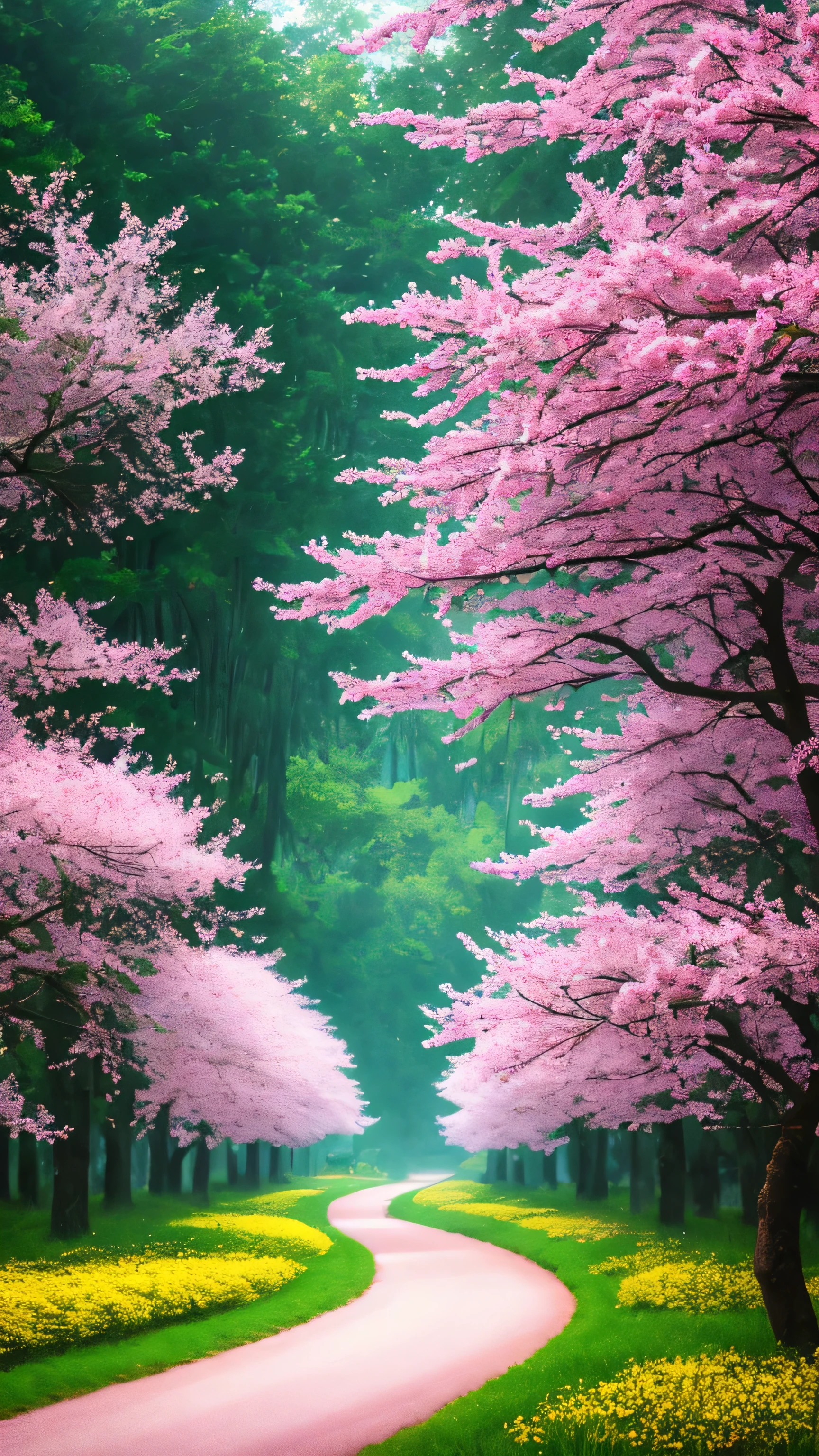 masterpiece, best quality, high quality, extremely detailed 8k wallpaper of CG unit, a charming and dreamy scene of a lush forest of sakuras, with tall trees, creating a sense of mystique and enchantment, artistic station, digital illustration, intricate, trend, pastel colors, oil painting, award-winning photography, Bokeh, depth of field, HDR, flower, chromatic aberration, photorealistic, extremely detailed, trend in artstation, trend in CGsociety, intricate, high detail, dramatic, art in the middle of the journey, old tree, winding road, lakelet, small fog, cherry blossom tree, small lake next to the forest, tree tunnel, forsythia flower, wide road