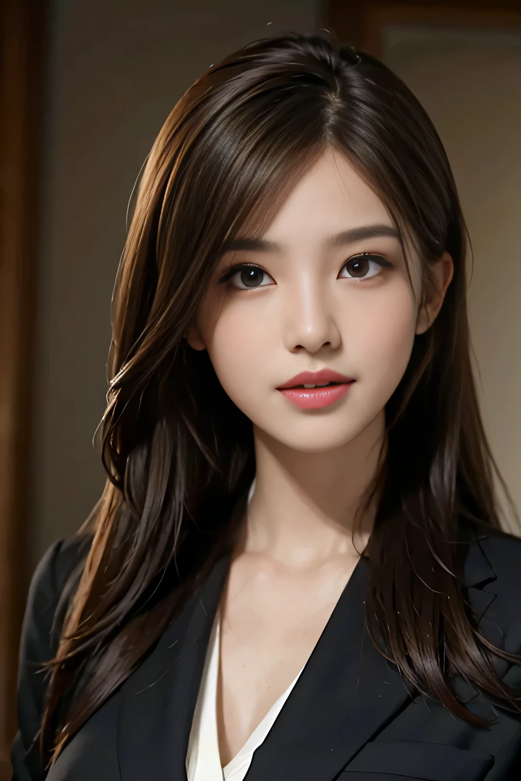 table top, highest quality, realistic, Super detailed, finely, High resolution, 8k wallpaper, 1 beautiful woman,, light brown messy hair, wearing a business suit, sharp focus, perfect dynamic composition, beautiful and detailed eyes, thin hair, Detailed realistic skin texture, smile, close-up portrait, model body shape