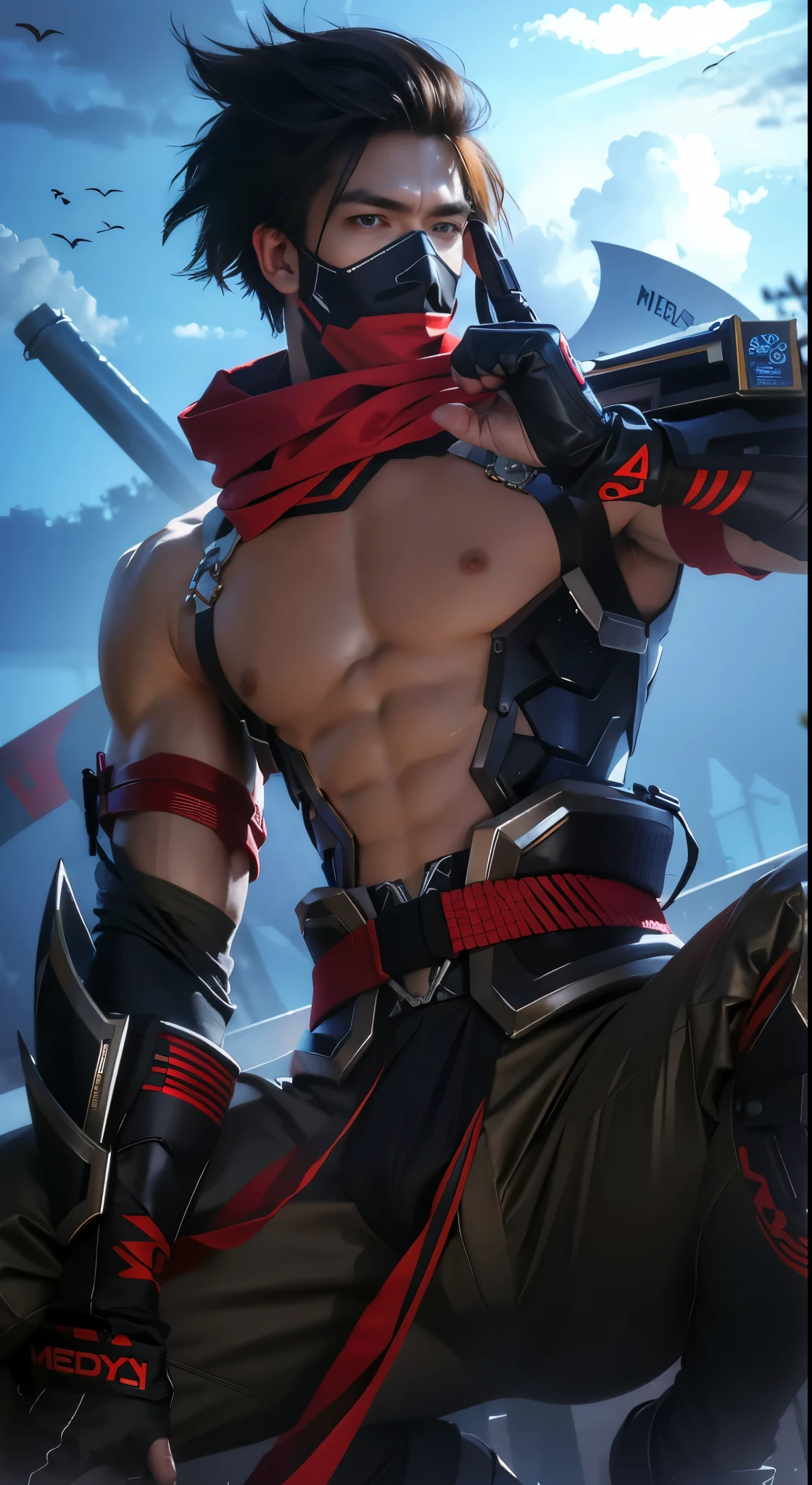 A tall muscular boy , Naked , Legs spread , （The whole body of the character），impact , Sweaty , Wet , Seductive , Bigboobs , large bulge , big balls ,, From the knees , big assa，mechs，punky style，Wu Yifan