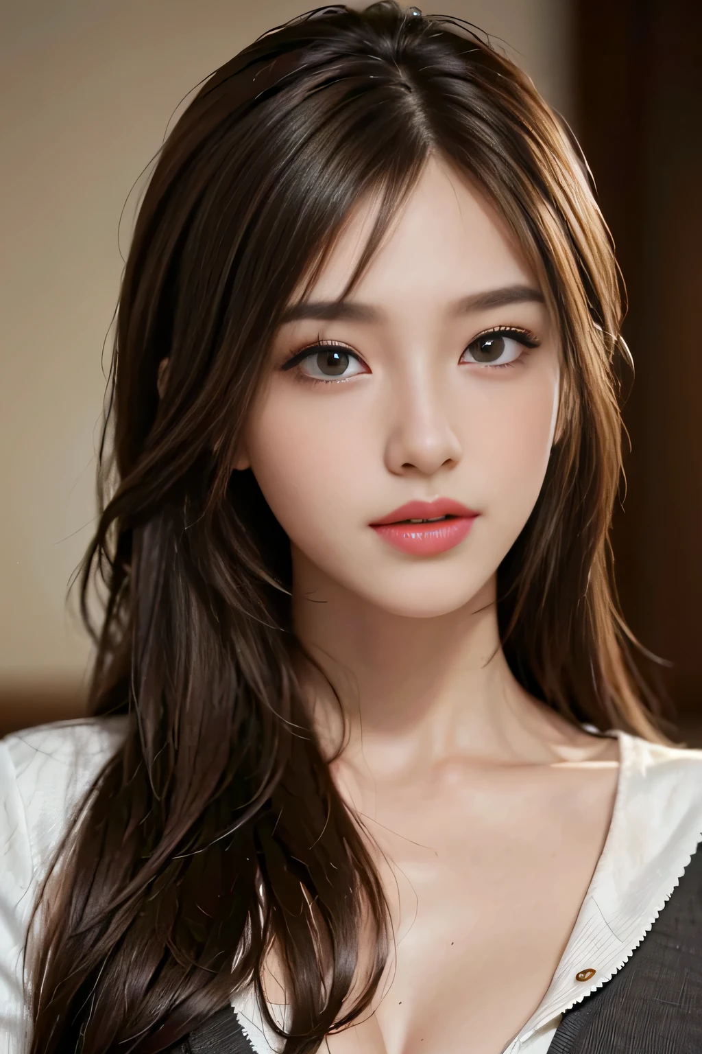 table top, highest quality, realistic, Super detailed, finely, High resolution, 8k wallpaper, 1 beautiful woman,, light brown messy hair, wearing a business suit, sharp focus, perfect dynamic composition, beautiful and detailed eyes, thin hair, Detailed realistic skin texture, smile, close-up portrait, model body shape