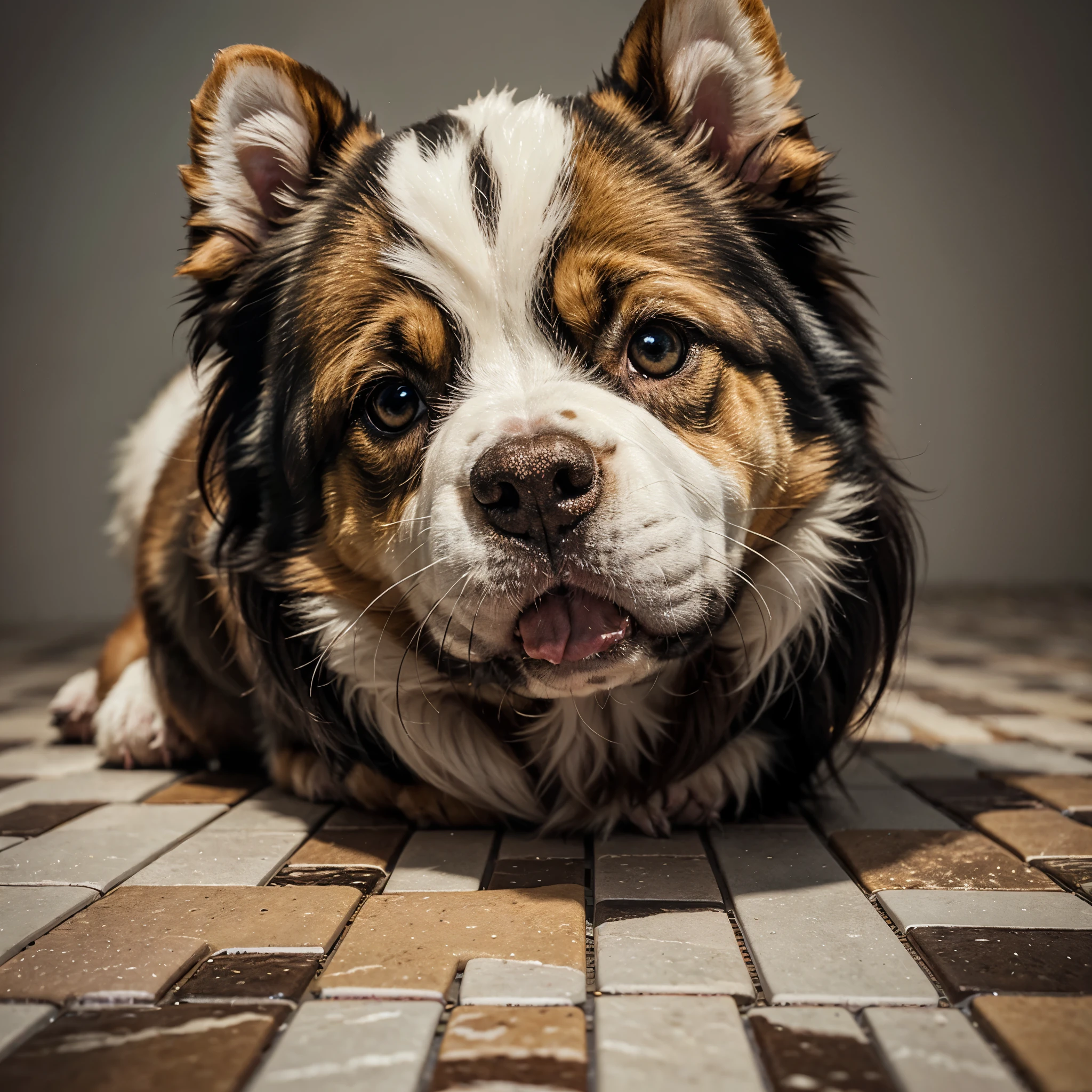 realistic puppy dog mosaic art piece, intricately designed with various colorful tiles, capturing the thoughtful expression and playful demeanor of the beloved pet, set against a neutral background, evoking a sense of calmness and nostalgia, ultra-high definition, 8K.