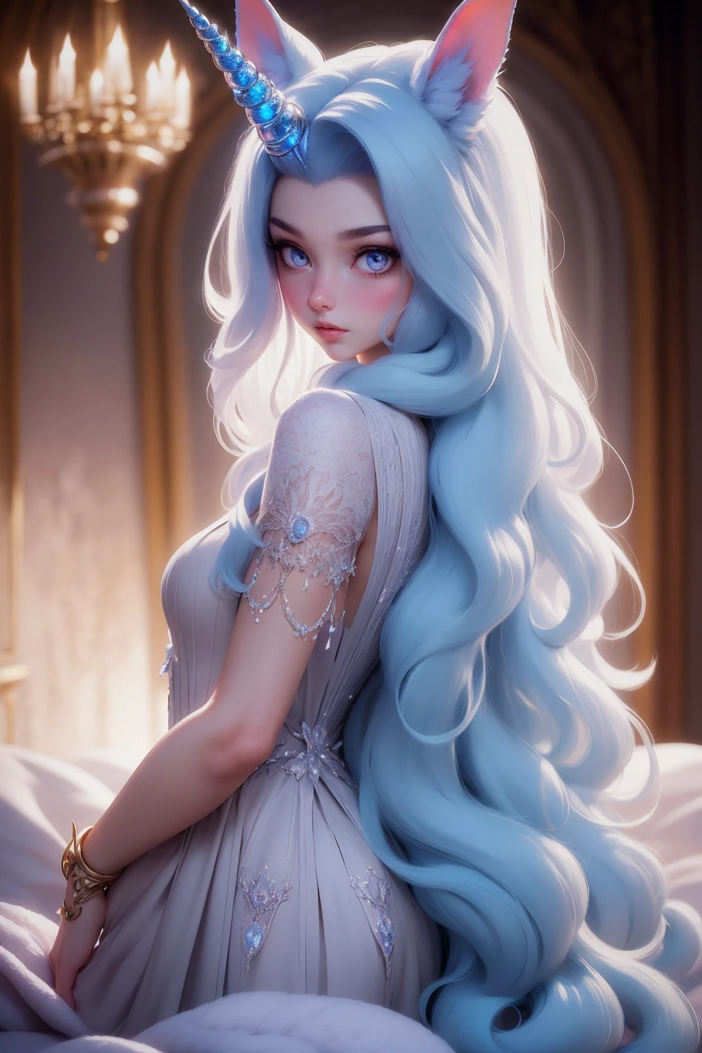 {-erro_de_anatomia:1.0} There is a white unicorn girl, blue mane and long mane, white unicorn, unicorn, unicorn horns, A unicorn, celestia, Nine stories, blue unicorn, soft dreamy, cinematic light《fangs》Unicorn in, mythological creatures, a mythical creature, Pokémon illustration, unicorns, a glaceon princess, white dress, opal eyes. Auroracore, ghostly iridescent, image good for rendering, laying in the bed, backwards, looking back. unicorn girl, full body.