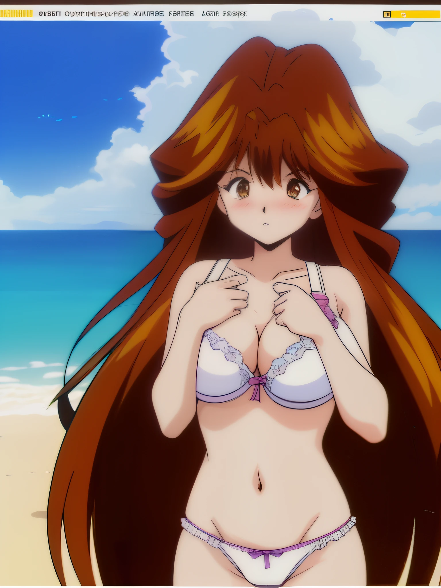 It is, 1 girl, alone, In underwear, long hair, slender body, belly button, brown eyes, white ruffle bra, expensiveleg, big breasts, brown hair, white panties,, looking at the viewer, blush, cowboy shot, redhead,  texpensive gap, camel toe, beach,
1990s \(style\), (anime, anime_screen cap, animeーション化された gif, mp4 ,video), (animeーション化された), (masterpiece, expensive quality), very_expensive_solve, big_file size, full color, 
masterpiece, expensive quality, very_expensive_solve, big_file size, full color,