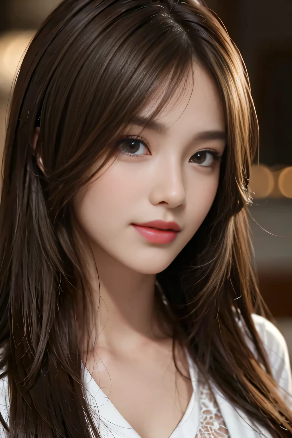 table top, highest quality, realistic, Super detailed, finely, High resolution, 8k wallpaper, 1 beautiful woman,, light brown messy hair, wearing a business suit, sharp focus, perfect dynamic composition, beautiful and detailed eyes, thin hair, Detailed realistic skin texture, smile, close-up portrait, model body shape